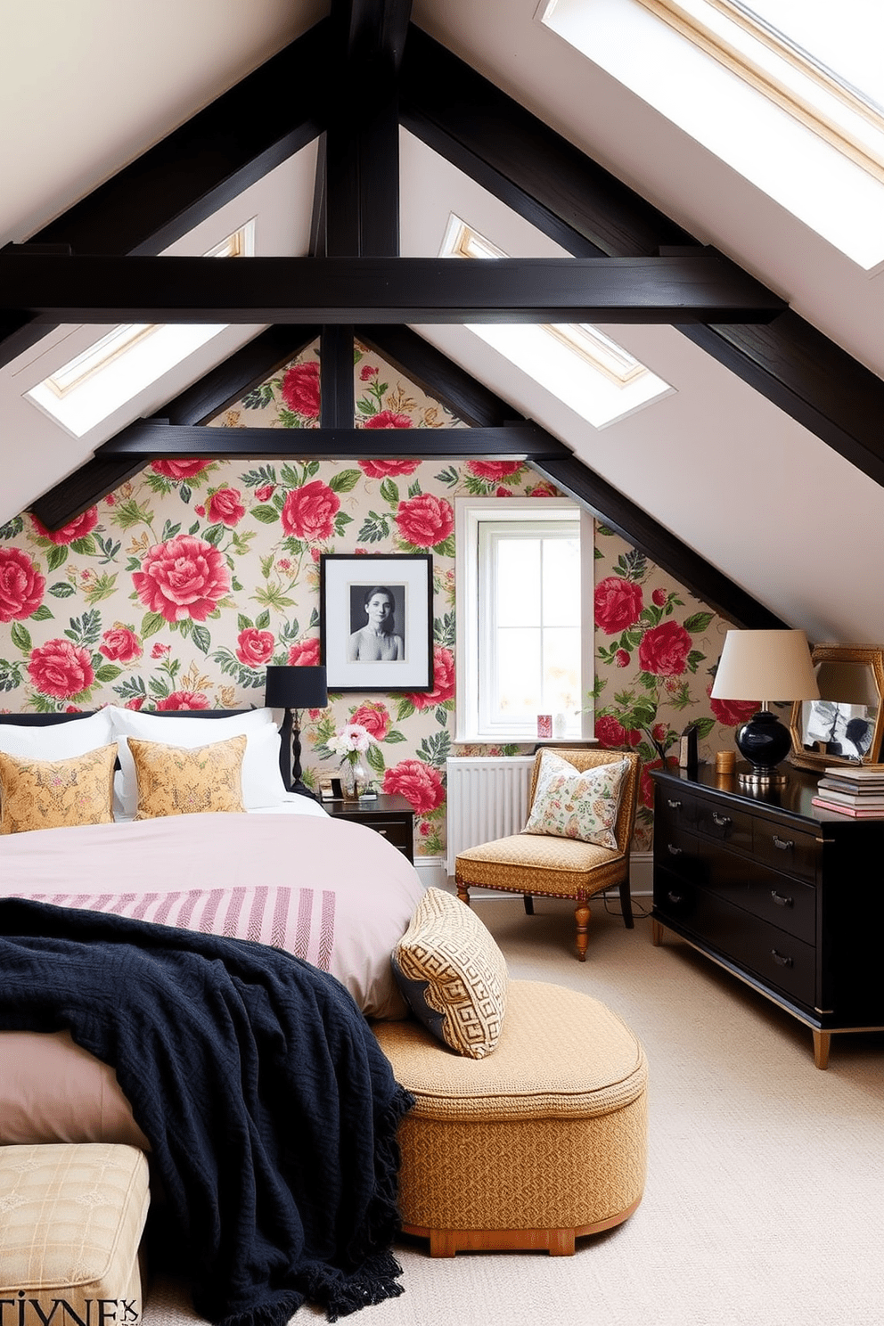 Chic wallpaper for a statement wall. The wallpaper features a bold floral pattern in vibrant colors, creating a focal point in the room. Attic bedroom design ideas. The space includes sloped ceilings with skylights that allow natural light to flood in, complemented by cozy furnishings and soft textiles.