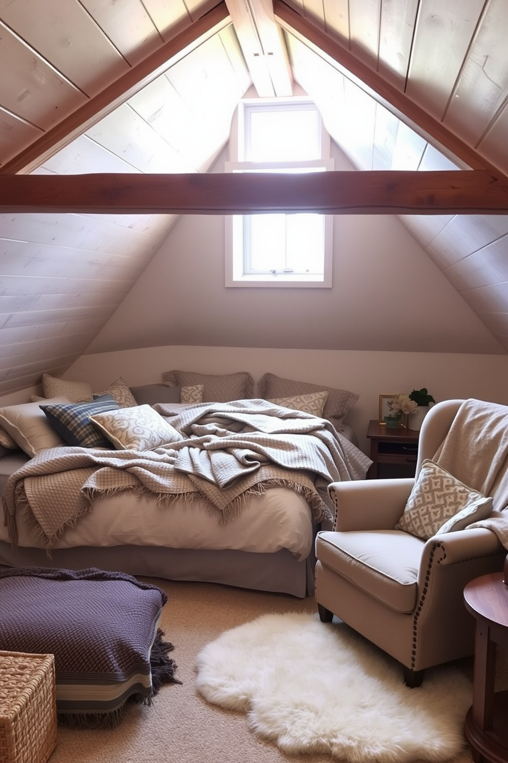 A cozy attic bedroom filled with layered textiles for warmth and comfort. The space features a plush bed adorned with a mix of patterned throw blankets and decorative pillows in soft, muted tones. Natural light pours in through a small dormer window, illuminating the textured wall panels and wooden beams overhead. A comfortable reading nook is created with an oversized armchair and a soft area rug, inviting relaxation and tranquility.