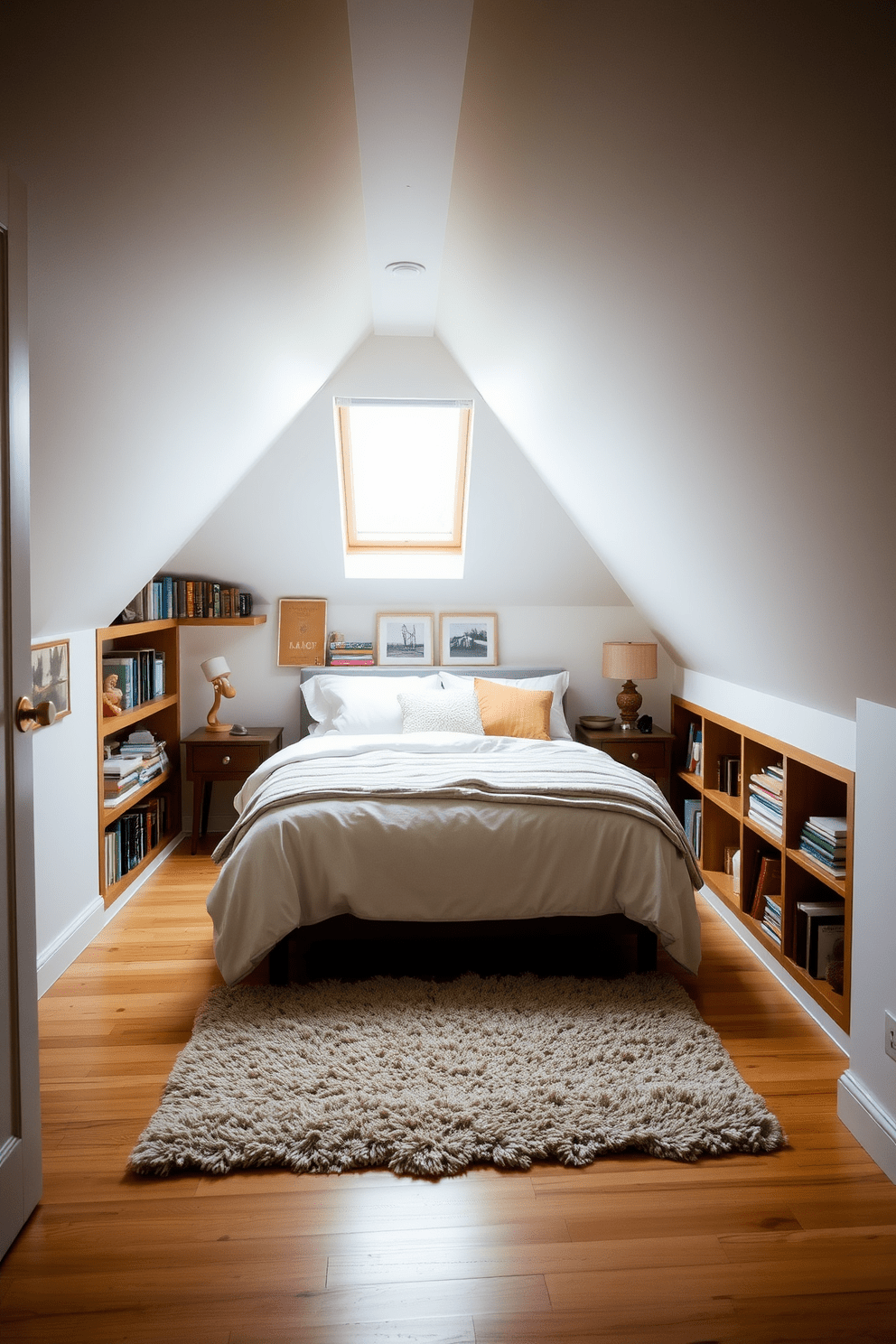 A cozy attic bedroom featuring built-in shelves seamlessly integrated into the slanted walls. The shelves are filled with an eclectic mix of books and decorative items, adding personality and charm to the space. The bed is positioned under a skylight, allowing natural light to flood the room. Soft textiles and a warm color palette create a welcoming atmosphere, complemented by a plush area rug on the hardwood floor.