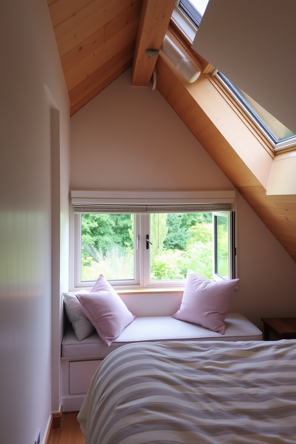 A cozy window seat is nestled in a sunlit corner, adorned with plush cushions in soft pastel hues. The view outside showcases a lush garden, inviting natural light to fill the space. The attic bedroom features sloped ceilings with exposed wooden beams, creating a charming and intimate atmosphere. A comfortable bed is positioned beneath a skylight, allowing for stargazing at night.