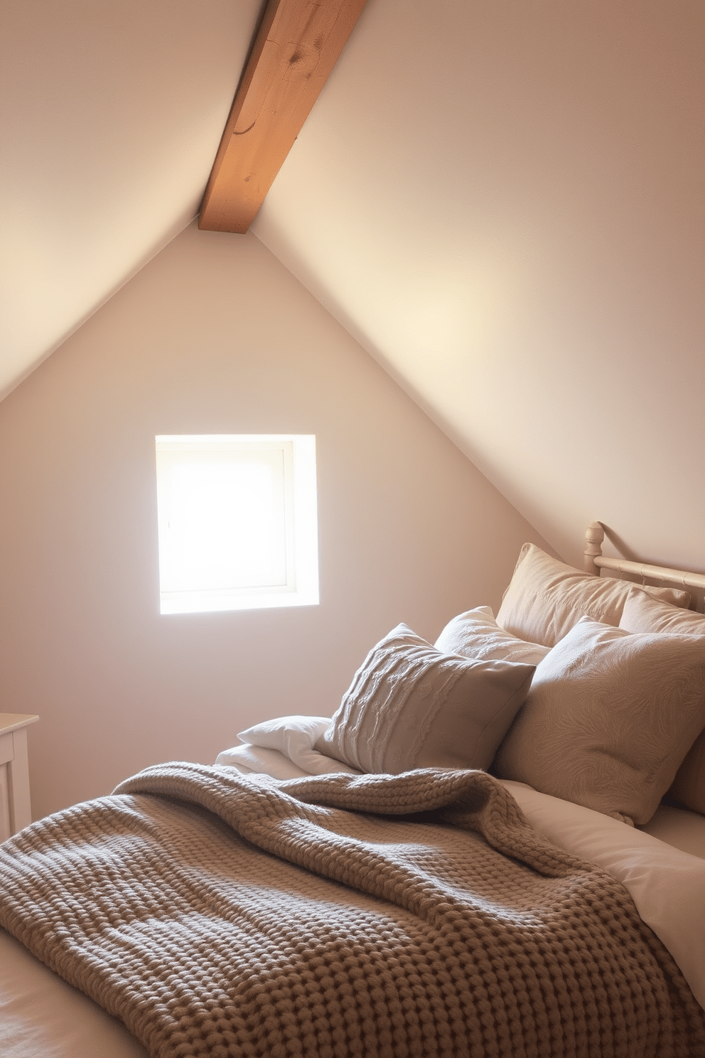 A cozy attic bedroom with soft textiles creating a warm atmosphere. The bed is adorned with plush pillows and a thick knitted blanket, inviting relaxation and comfort. Natural light streams in through a small dormer window, illuminating the space with a gentle glow. The walls are painted in a soft pastel hue, complemented by wooden beams that add character and warmth.