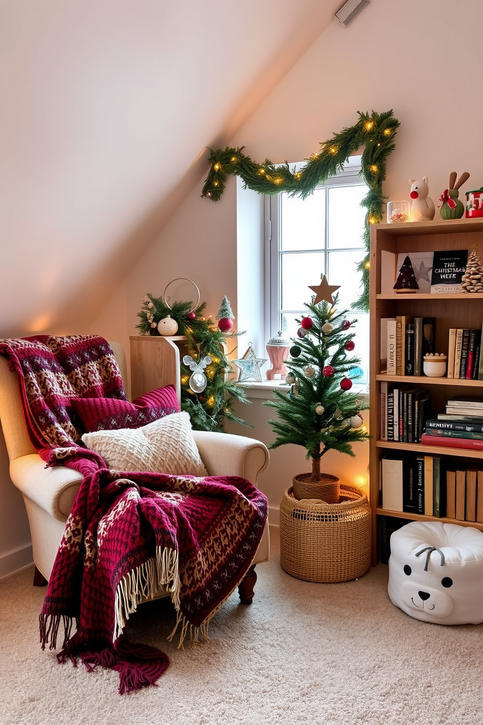 Cozy reading nook with festive throws. A plush armchair is positioned next to a large window, draped with colorful knitted blankets and pillows. Attic Christmas decorating ideas. The space is filled with twinkling fairy lights, a small evergreen tree adorned with handmade ornaments, and a rustic wooden bookshelf displaying seasonal books and decorations.