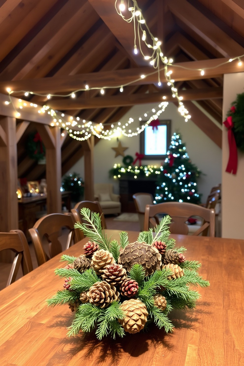 A rustic dining table is adorned with a centerpiece made of pinecones and fresh greenery. The arrangement features various sizes of pinecones nestled among sprigs of evergreen, creating a warm and inviting atmosphere. The attic is transformed into a cozy holiday retreat with twinkling fairy lights strung along the exposed beams. Festive decorations in shades of red and gold are scattered throughout, enhancing the charm of the space.