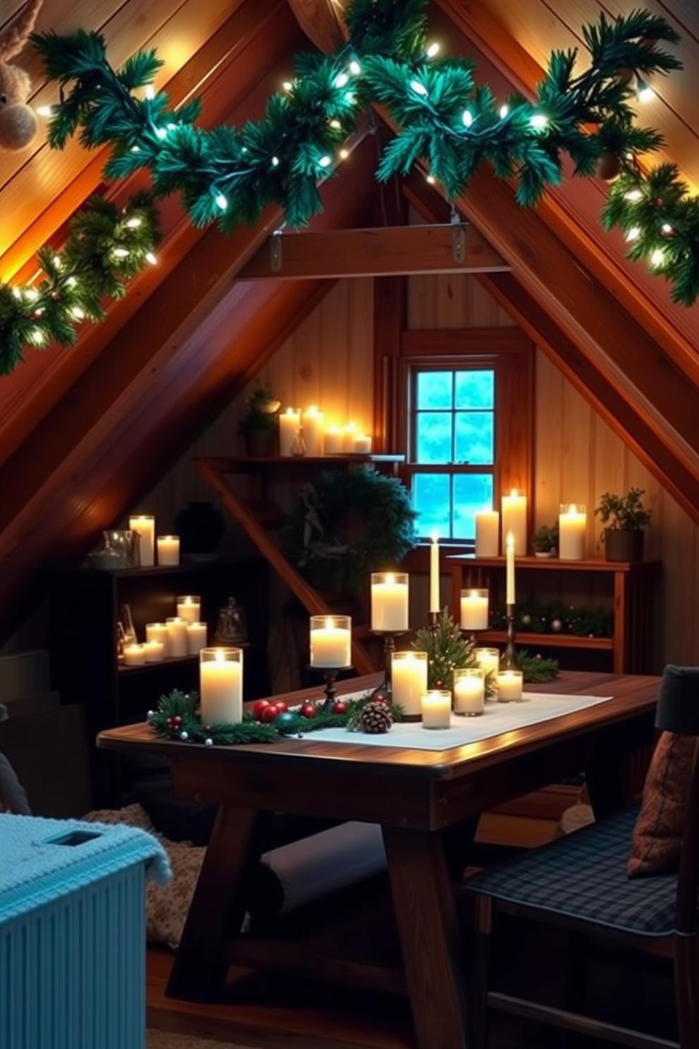 A cozy attic space adorned with candles of varied heights creating a warm ambiance. The candles flicker softly on wooden shelves, complemented by festive decorations that evoke the spirit of Christmas. Evergreen garlands drape across the beams, intertwined with twinkling fairy lights. A rustic wooden table is set with holiday-themed decor, inviting warmth and cheer into the attic retreat.