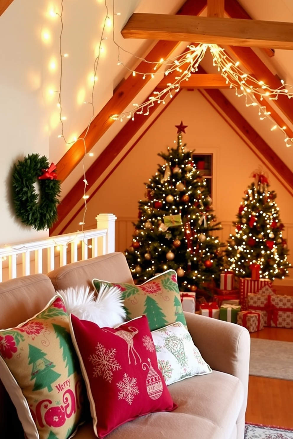 Cozy living room adorned with holiday-themed throw pillows on a plush sofa. The pillows feature festive patterns in red, green, and gold, adding a cheerful touch to the space. Attic transformed into a whimsical Christmas wonderland. Twinkling fairy lights drape across the beams, and a beautifully decorated tree stands in the corner, surrounded by wrapped gifts.