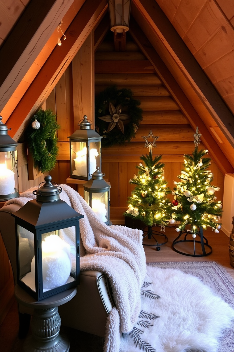 Create a cozy attic space decorated for Christmas. The room features decorative lanterns filled with faux snow, casting a warm glow throughout the space. Soft, plush blankets are draped over a vintage armchair, and a small Christmas tree stands in the corner adorned with twinkling lights. The walls are lined with rustic wooden beams, enhancing the festive atmosphere.