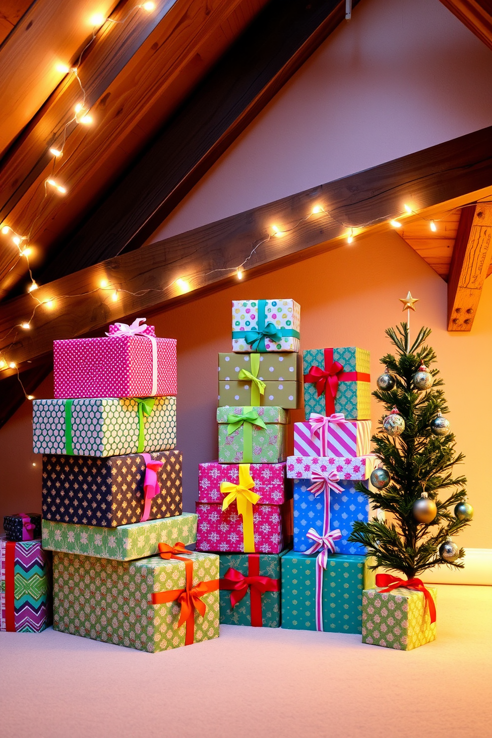 Colorful gift-wrapped boxes are stacked artfully in a cozy attic space. The boxes feature a variety of vibrant patterns and ribbons, adding a festive touch to the rustic wooden beams and soft ambient lighting. The attic is adorned with twinkling fairy lights draped along the walls, creating a warm and inviting atmosphere. A small evergreen tree, decorated with ornaments, stands beside the boxes, enhancing the holiday spirit.