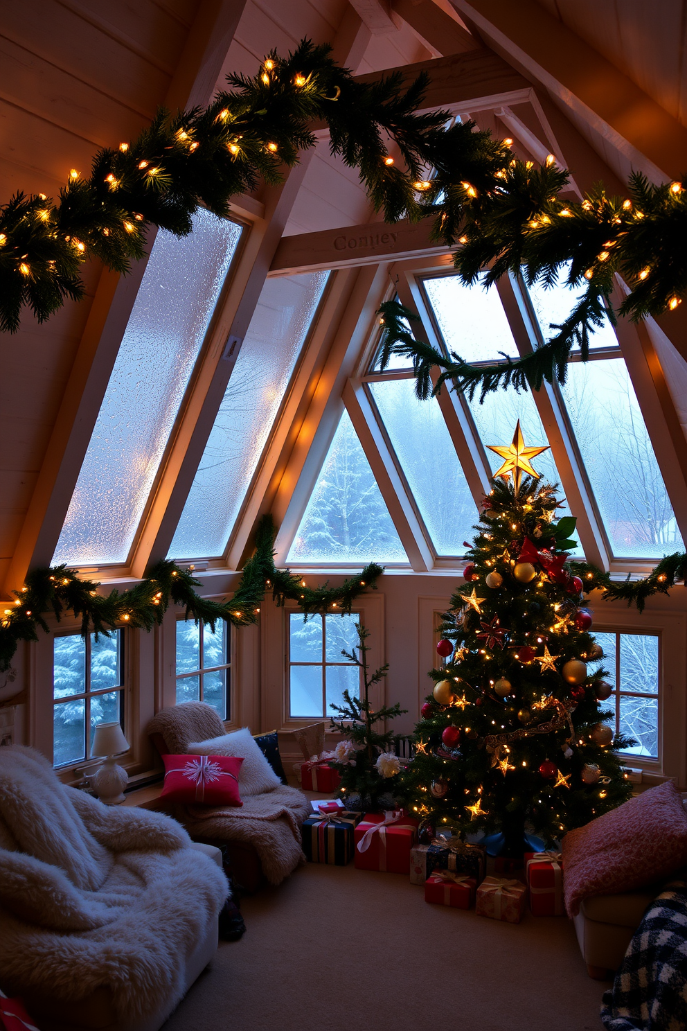 A cozy attic space adorned with frosted window panes creates a serene winter atmosphere. The room is filled with soft, warm lighting that enhances the festive decorations. Evergreen garlands drape elegantly along the exposed beams, complemented by twinkling fairy lights. A beautifully decorated Christmas tree stands in one corner, surrounded by wrapped gifts and plush blankets.