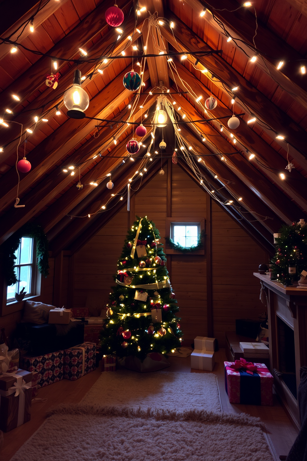 A cozy attic space is adorned with hanging ornaments from the ceiling, creating a whimsical holiday atmosphere. Soft string lights twinkle above, casting a warm glow over the rustic wooden beams and festive decorations. The floor is covered with a plush area rug, adding comfort to the scene. A beautifully decorated Christmas tree stands in one corner, surrounded by wrapped gifts and seasonal accents.