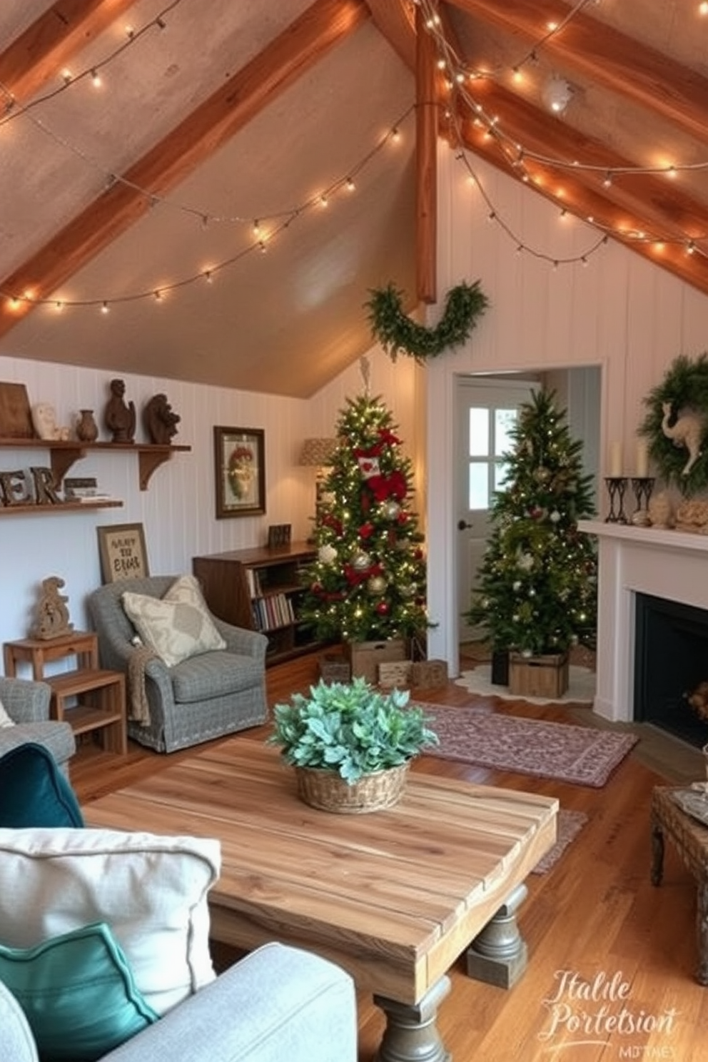 A cozy living space adorned with rustic decor accents made from recycled wood. The furniture includes a reclaimed wood coffee table and shelves that display handmade crafts and seasonal decorations. A charming attic transformed into a festive holiday retreat. The space features twinkling string lights, a beautifully decorated Christmas tree, and rustic ornaments that enhance the warm, inviting atmosphere.