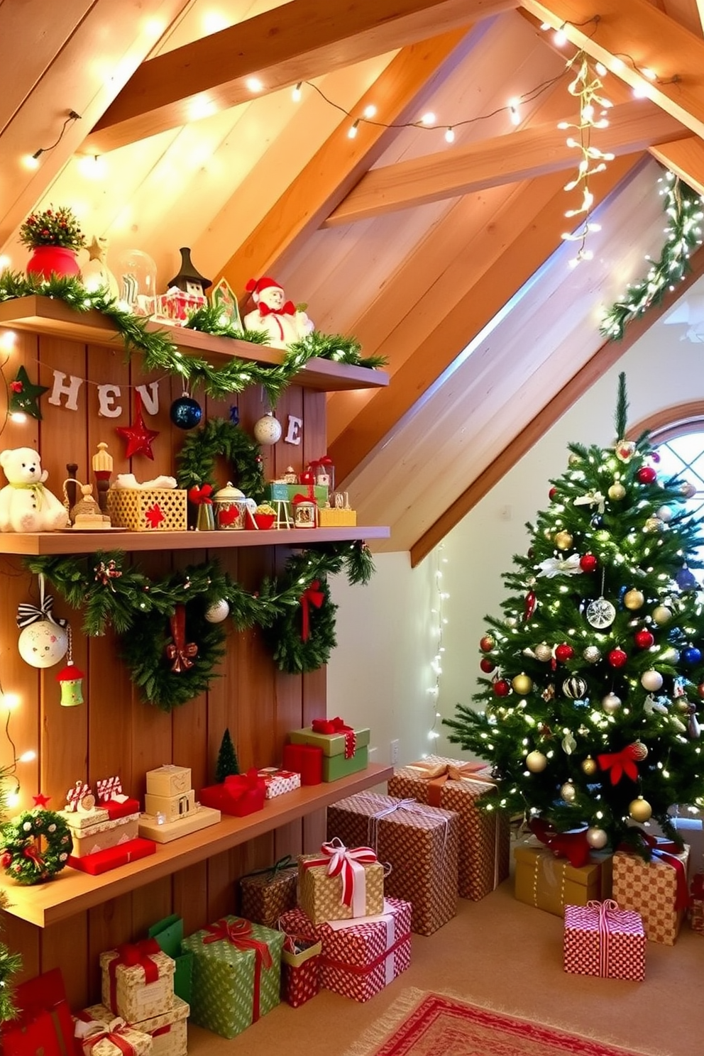 A charming display of DIY holiday crafts is arranged on rustic wooden shelves. Each shelf features a variety of handmade ornaments, festive garlands, and colorful wreaths that evoke a cozy holiday spirit. The attic is transformed with Christmas decorating ideas that create a whimsical atmosphere. Twinkling fairy lights are draped along the beams, and a beautifully decorated tree stands in one corner, surrounded by wrapped gifts.