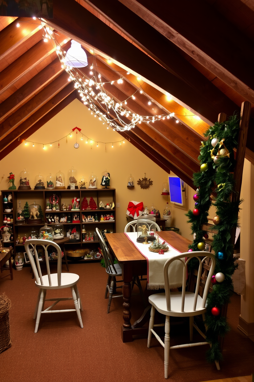 A cozy attic space filled with vintage ornaments displayed under glass cloches creates a charming holiday atmosphere. Soft twinkling lights are draped across the wooden beams, illuminating the delicate details of each ornament. A rustic wooden table is adorned with a festive table runner and surrounded by mismatched chairs. The walls are painted in a warm cream color, and a vintage ladder leans against one side, decorated with garlands of greenery and colorful baubles.