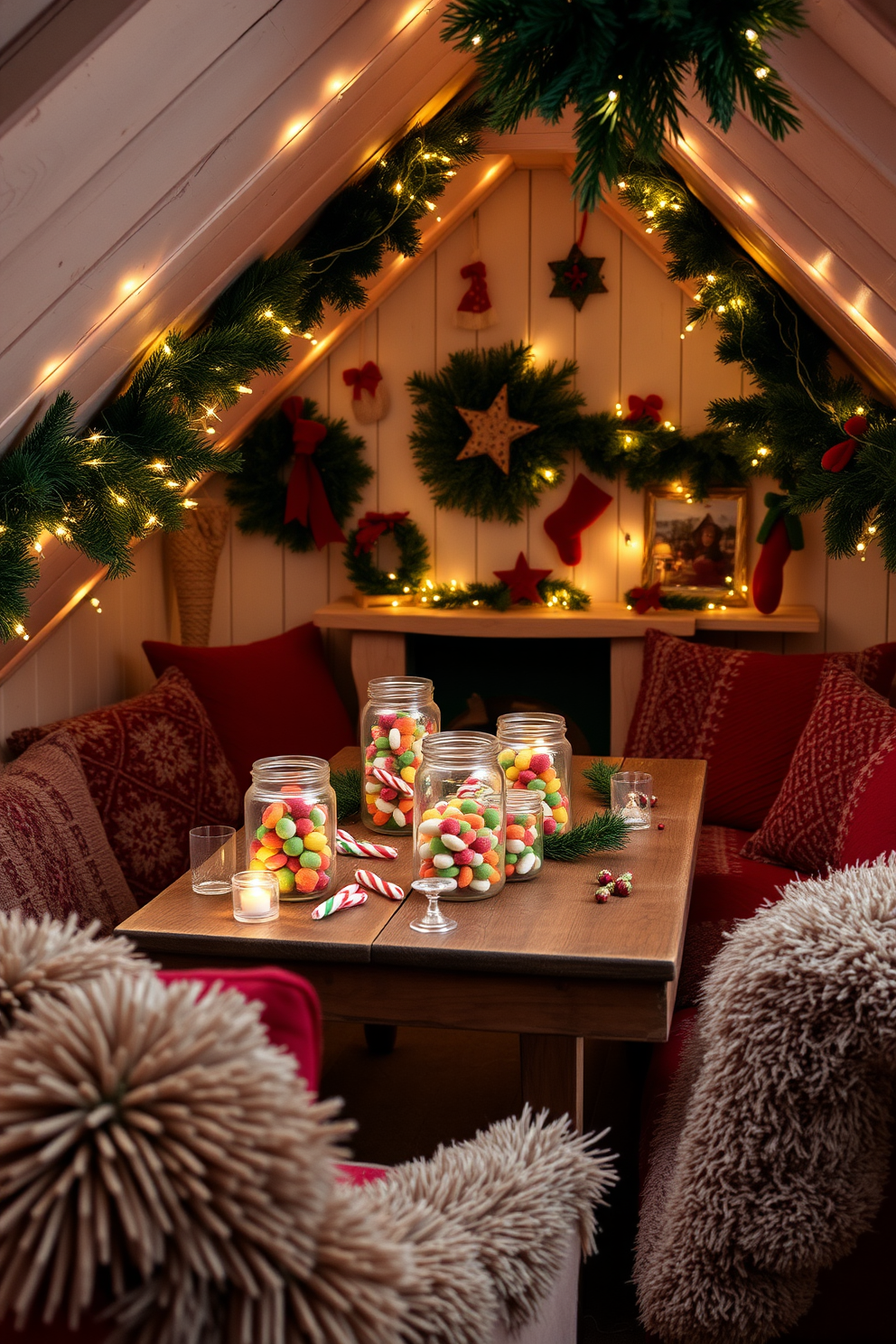 A cozy attic space transformed for the holidays. Glass jars filled with colorful holiday treats are arranged on a rustic wooden table, surrounded by twinkling fairy lights and evergreen garlands. The walls are adorned with festive decorations, creating a warm and inviting atmosphere. Plush blankets and cushions in rich reds and greens provide a comfortable seating area for family gatherings.