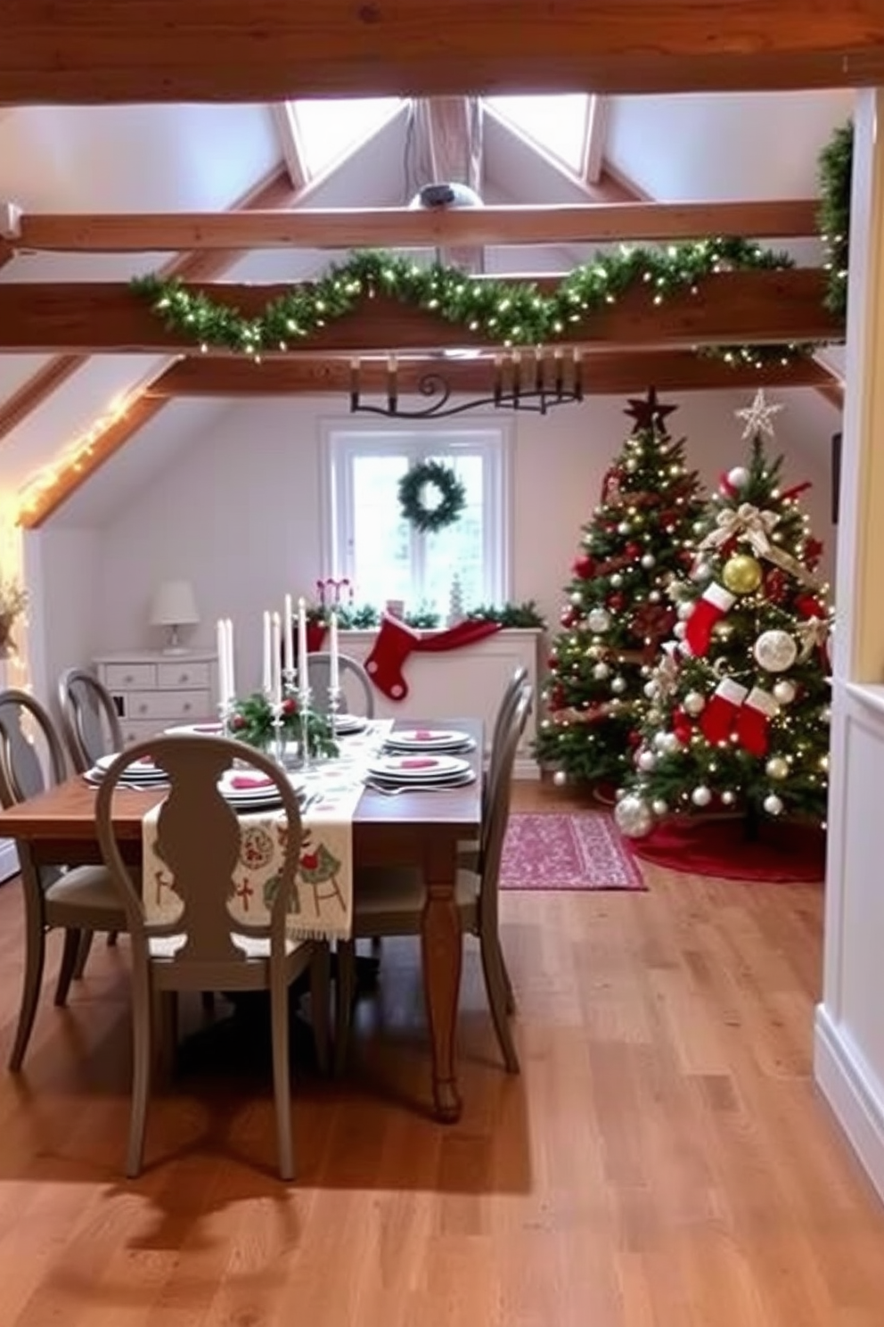 A festive table runner adorned with seasonal motifs stretches across a beautifully set dining table. The table is surrounded by elegant chairs, and twinkling fairy lights create a warm atmosphere for holiday gatherings. In a cozy attic space, Christmas decorations bring a whimsical charm to the room. A beautifully adorned tree stands in one corner, while stockings hang from the exposed beams, creating a festive and inviting ambiance.