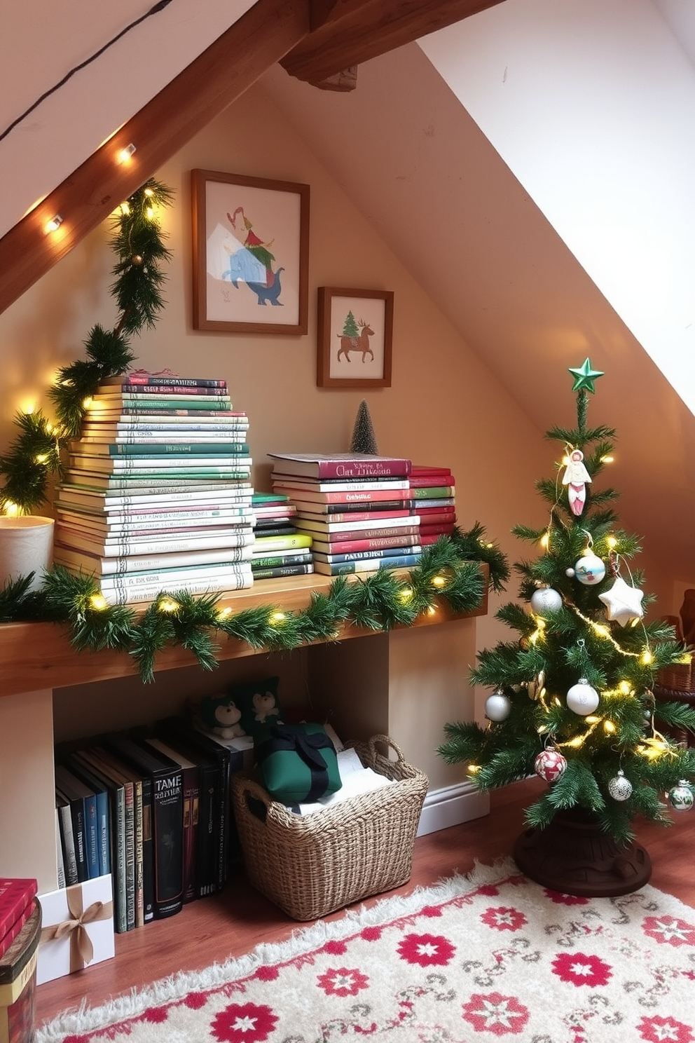 A cozy attic space decorated for Christmas. There are stacks of Christmas-themed books arranged artfully on a rustic wooden shelf, surrounded by twinkling fairy lights and pine garlands. The walls are adorned with festive artwork and the floor is covered with a plush, patterned rug. A small tree decorated with handmade ornaments stands in the corner, adding warmth to the festive atmosphere.