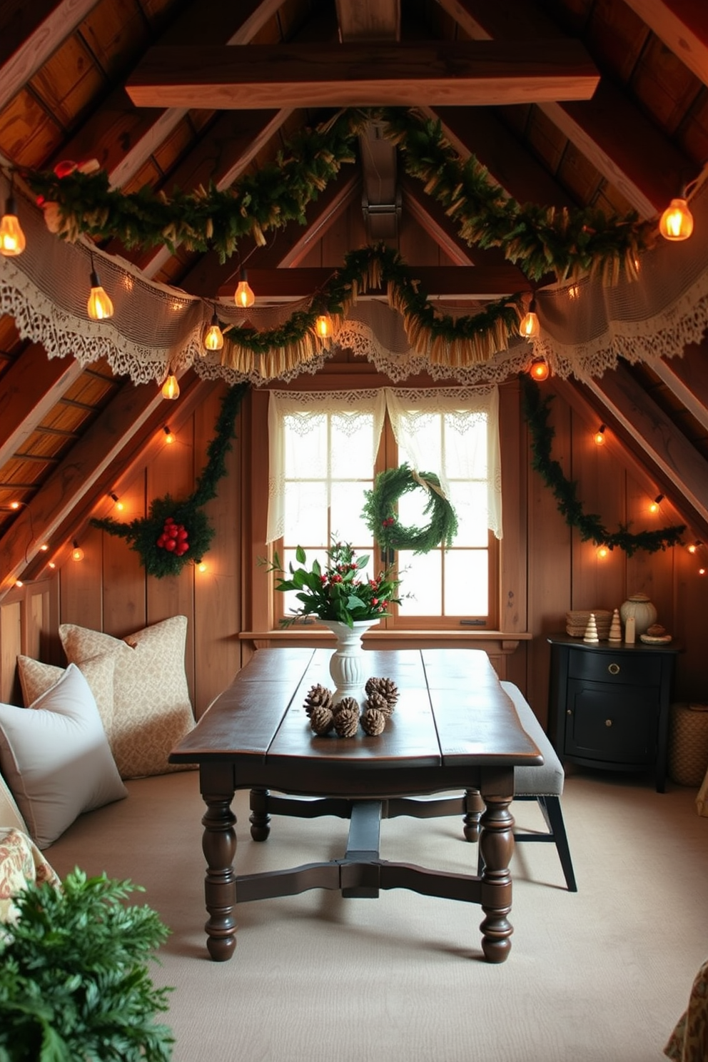 A cozy attic space transformed for Christmas. Burlap garlands drape across the wooden beams while delicate lace accents adorn the windows. A vintage wooden table is set with a festive centerpiece made of pinecones and holly. Soft, warm lighting from string lights creates an inviting atmosphere.