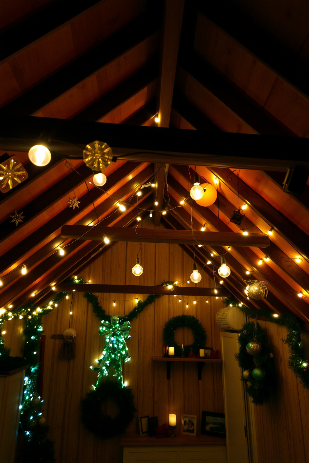 A cozy attic space adorned with hanging string lights that create a warm and inviting glow. The walls are decorated with festive garlands and ornaments, enhancing the Christmas spirit while maintaining a charming rustic vibe.