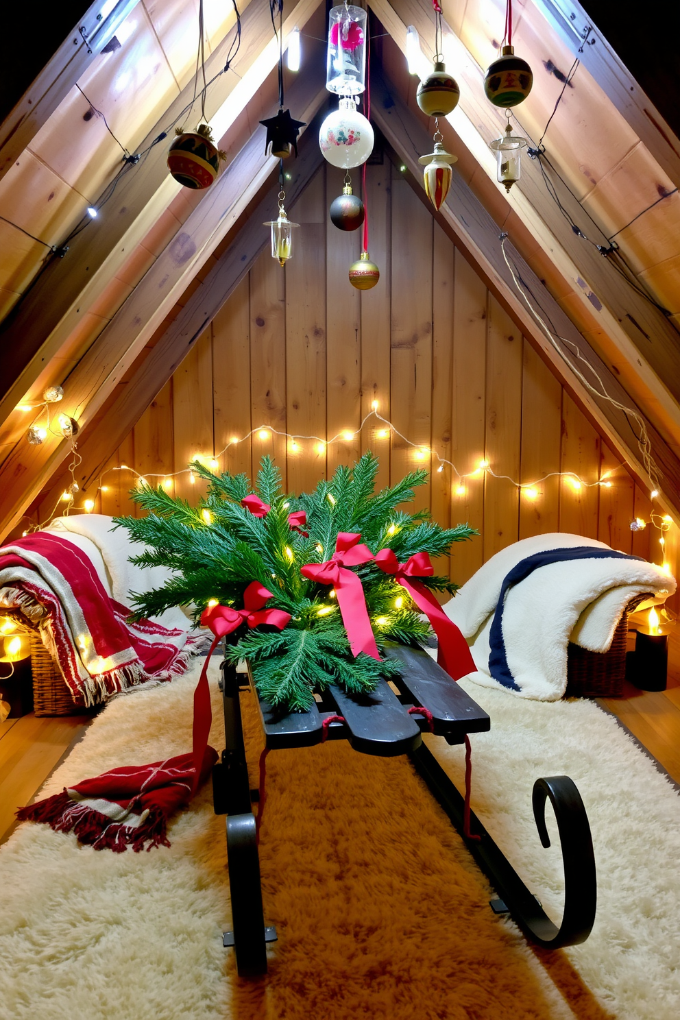 A charming attic space transformed for Christmas featuring a decorative sled as the focal point. The sled is adorned with evergreen branches and red ribbons, surrounded by twinkling fairy lights and cozy blankets. The walls are lined with rustic wooden beams, and the floor is covered with a soft, plush rug. Vintage ornaments hang from the rafters, adding a touch of nostalgia to the festive atmosphere.