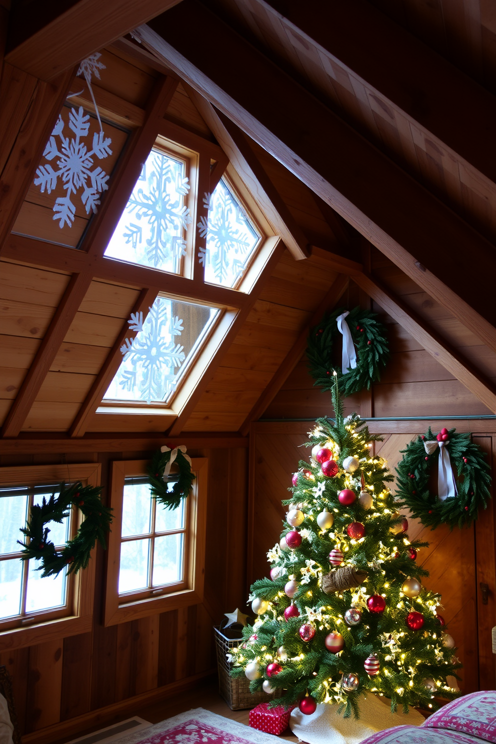 A cozy attic space adorned for Christmas. Snowflake cutouts gracefully decorate the windows, allowing soft winter light to filter through. The room features a beautifully decorated tree in the corner, adorned with twinkling lights and colorful ornaments. Wreaths made of pine and berries hang on the walls, adding a festive touch to the rustic wooden beams.