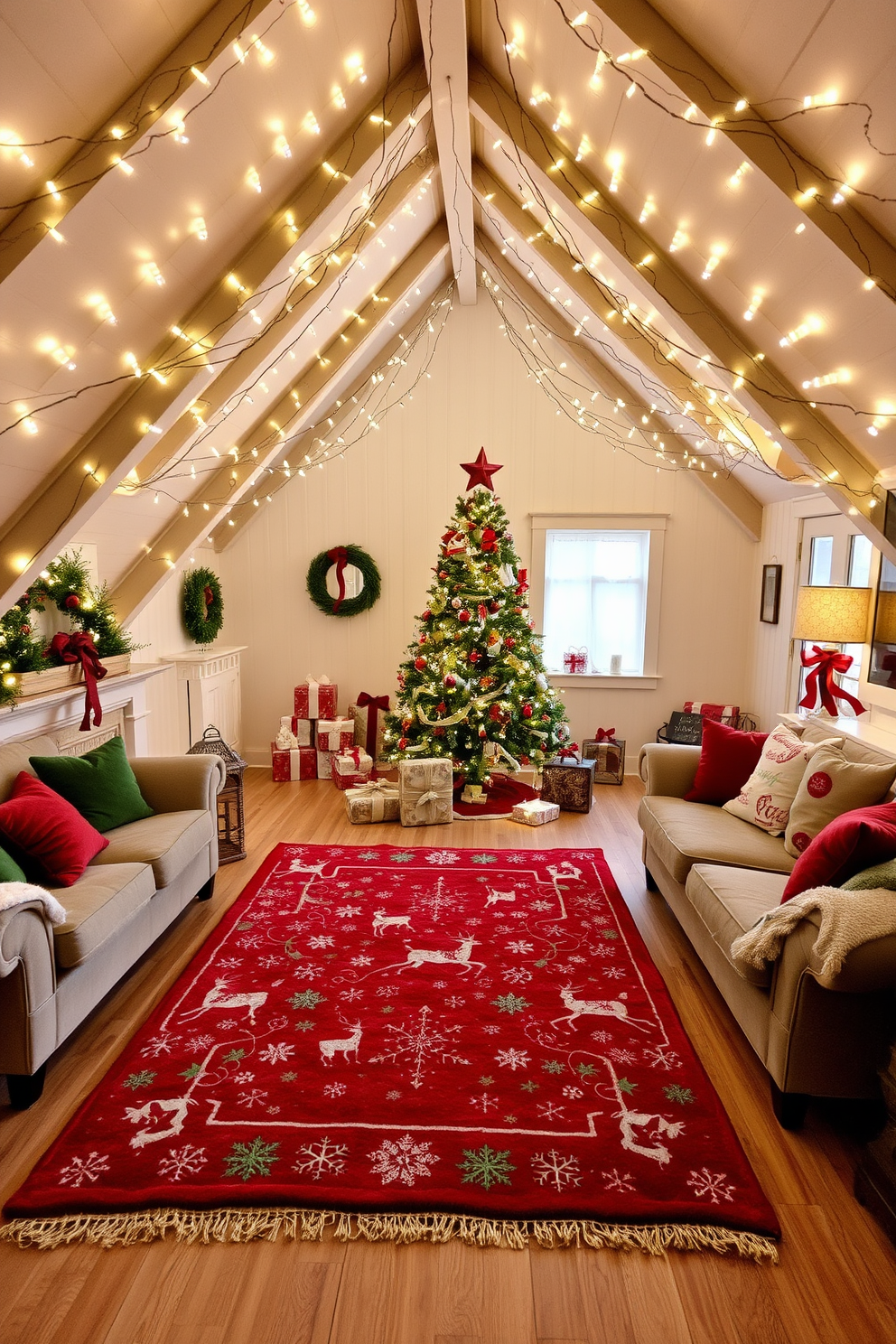 A cozy holiday-themed area rug lies in the center of the living room, featuring a festive pattern of snowflakes and reindeer. Surrounding the rug are plush sofas adorned with red and green throw pillows, creating an inviting atmosphere for family gatherings. The attic is transformed into a whimsical Christmas wonderland, with twinkling fairy lights draped across the beams. A beautifully decorated tree stands in one corner, surrounded by wrapped gifts and vintage ornaments, adding charm to the festive setting.