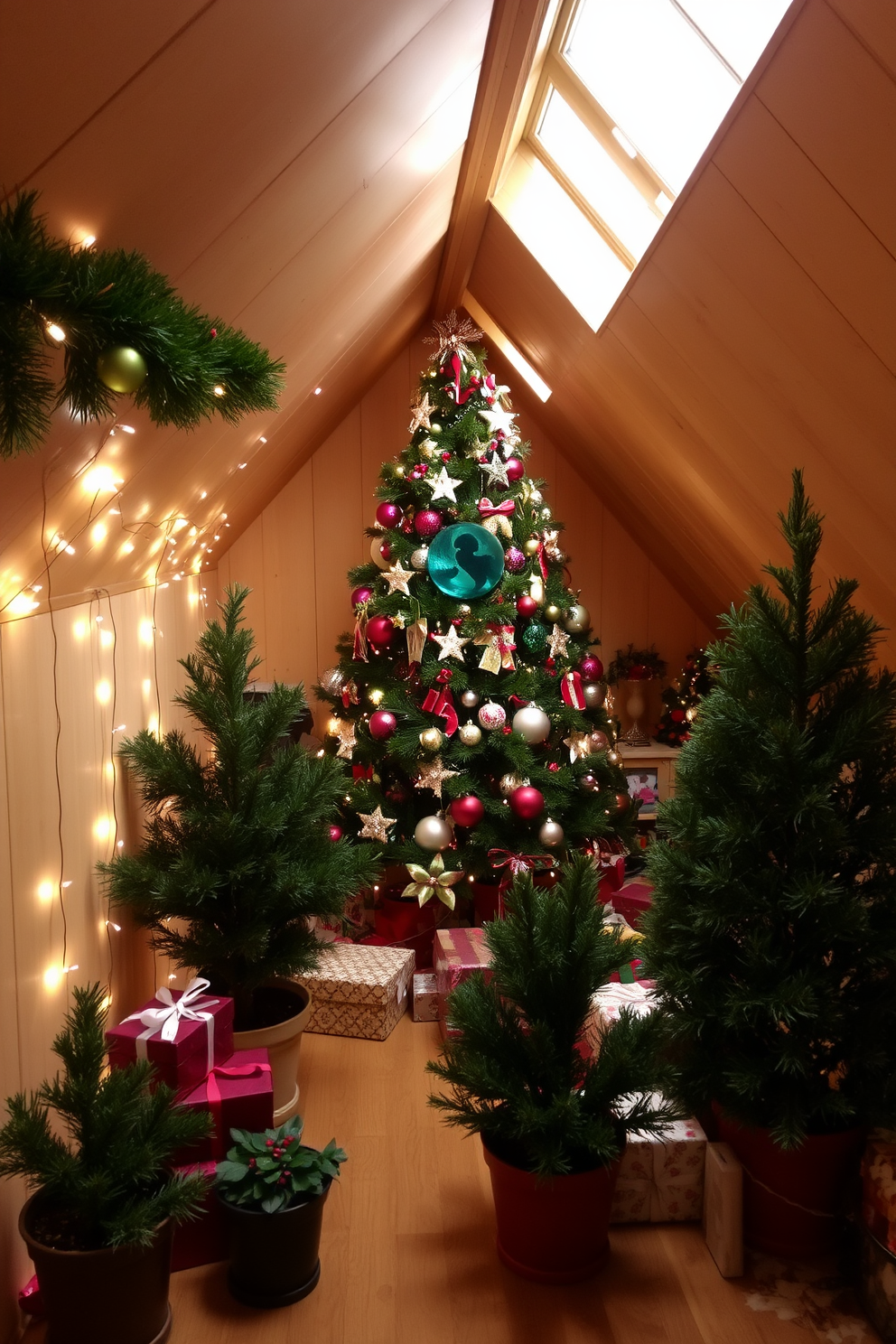 A cozy attic space decorated for Christmas. There are potted evergreen plants placed strategically around the room, adding a touch of greenery and warmth to the festive atmosphere. The walls are adorned with twinkling fairy lights and colorful ornaments. A beautifully decorated tree stands in one corner, surrounded by wrapped gifts and festive decorations.