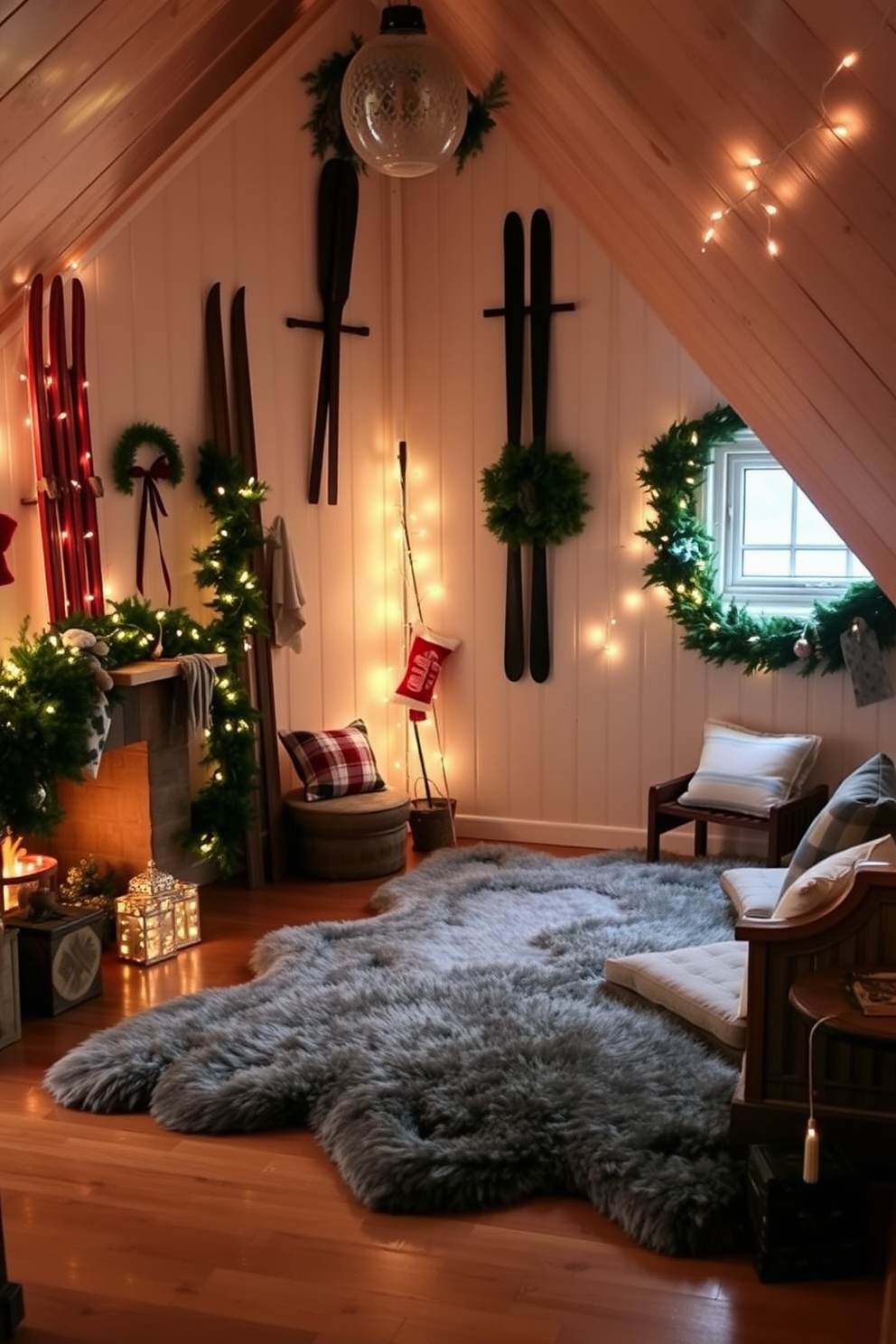 A cozy attic space decorated for Christmas. Vintage sleds and skis are mounted on the walls, adding a rustic charm to the festive atmosphere. The room is adorned with twinkling fairy lights and garlands of evergreen. A plush, oversized rug covers the wooden floor, creating a warm and inviting area for family gatherings.