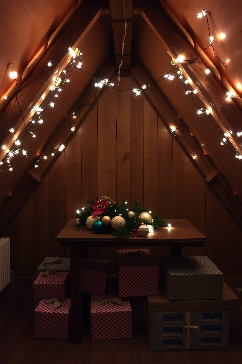 A cozy attic space adorned with twinkling fairy lights strung across the exposed wooden beams. The room features a rustic wooden table decorated with festive ornaments and a beautifully wrapped pile of presents underneath.