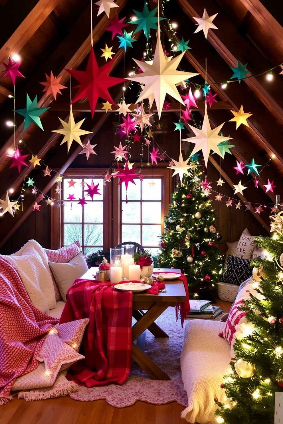 Create a whimsical attic Christmas setting adorned with garlands made from colorful paper stars. The space is filled with twinkling string lights and cozy blankets, creating a festive and inviting atmosphere.