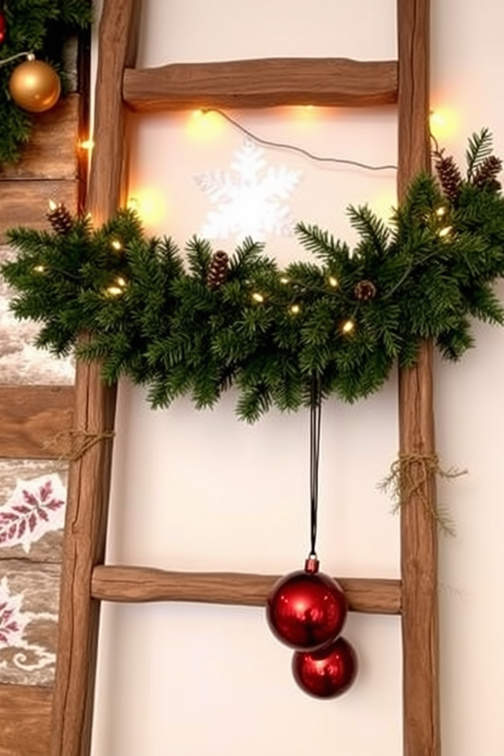 A rustic wooden ladder leans against the wall, adorned with lush green garlands and twinkling fairy lights. The ladder is decorated with ornaments in warm, earthy tones, creating a cozy and inviting atmosphere perfect for holiday gatherings.