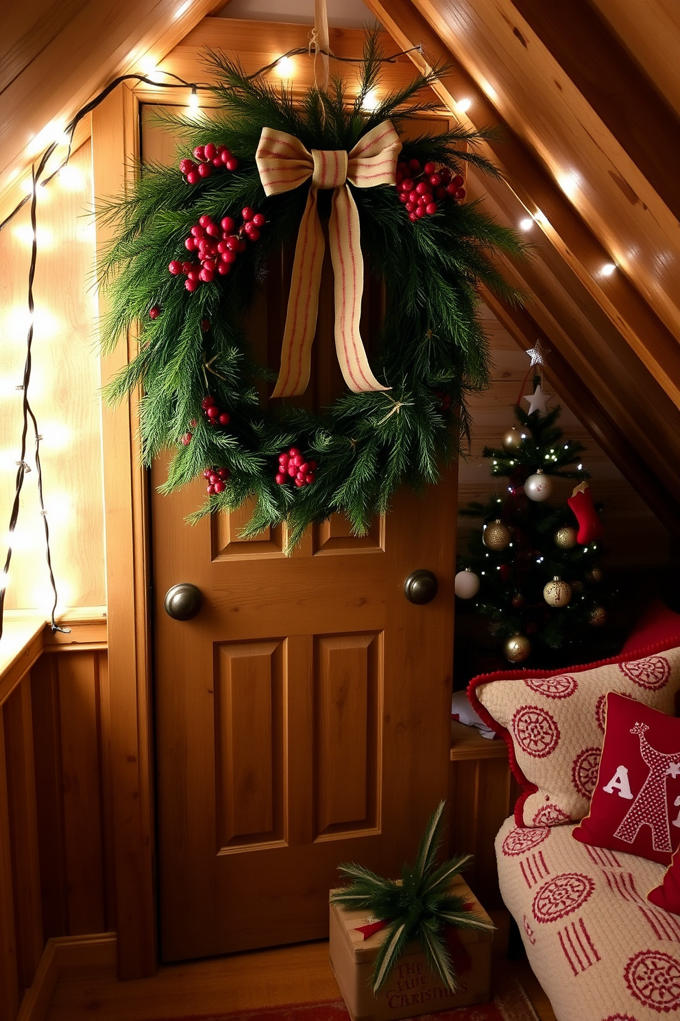 A seasonal wreath adorns the attic door, crafted from fresh pine branches and accented with red berries and a rustic bow. The door is surrounded by soft twinkling lights, creating a warm and inviting atmosphere for the holiday season. Inside the attic, festive decorations include a cozy seating area with plush blankets and pillows in holiday colors. A small Christmas tree, adorned with handmade ornaments, adds a charming touch to the space, enhancing the overall festive feel.