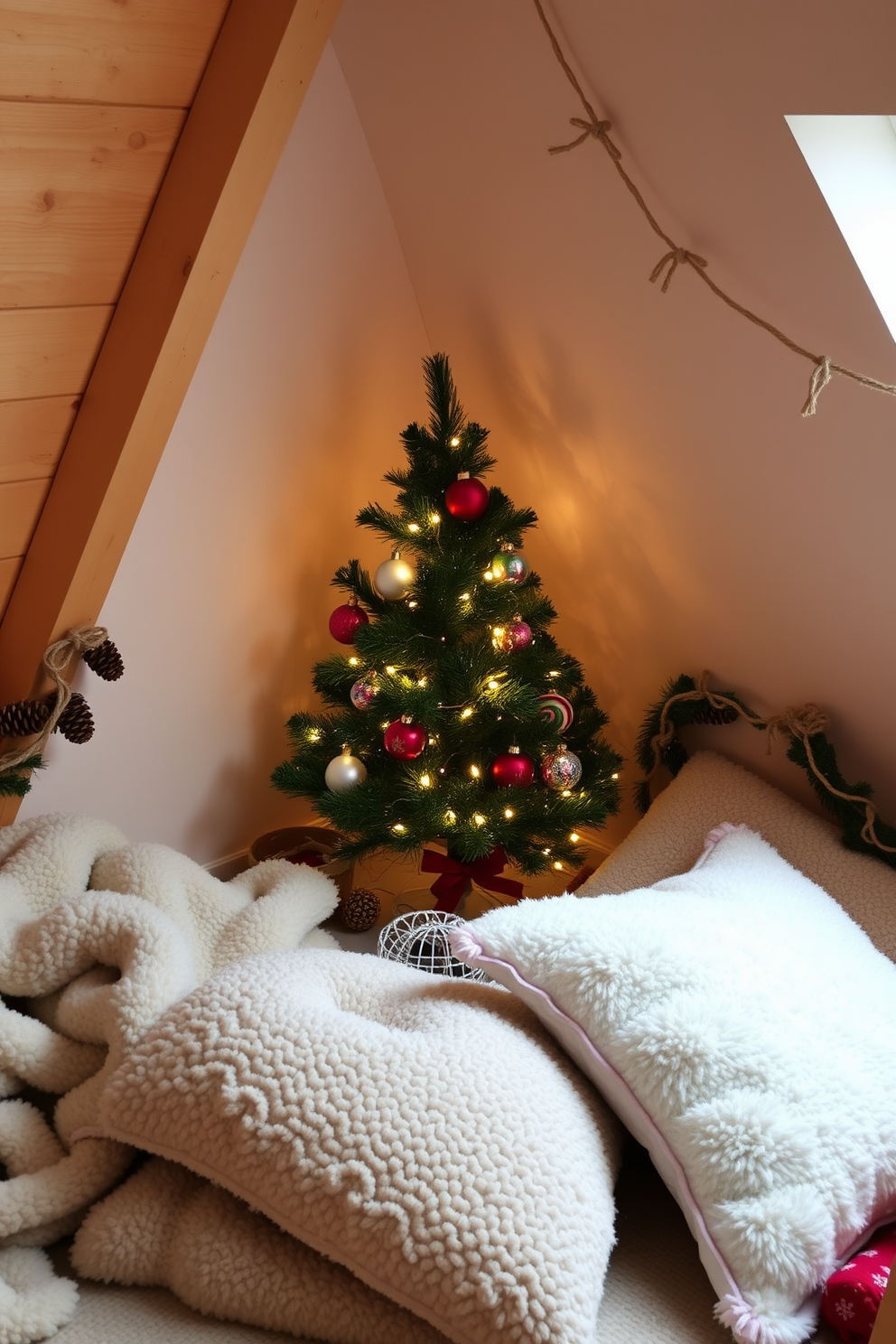 A cozy attic space decorated for Christmas features a miniature Christmas tree nestled in the corner. The tree is adorned with twinkling lights and colorful ornaments, creating a warm and festive atmosphere. Surrounding the tree are rustic decorations, including garlands made of pinecones and twine. Soft, plush blankets and pillows are scattered around to invite relaxation and holiday cheer.