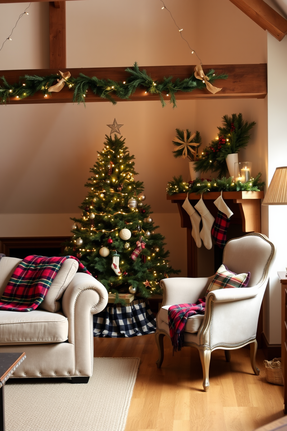 Cozy plaid blankets are draped over the arms of a plush sofa and a vintage armchair, adding warmth and texture to the room. Soft twinkling fairy lights are strung across the exposed beams of the attic, creating a festive and inviting atmosphere. A beautifully decorated Christmas tree stands in the corner, adorned with rustic ornaments and a plaid skirt at its base. Stockings hang from a wooden mantel, complemented by garlands of pine and berries that enhance the holiday spirit.