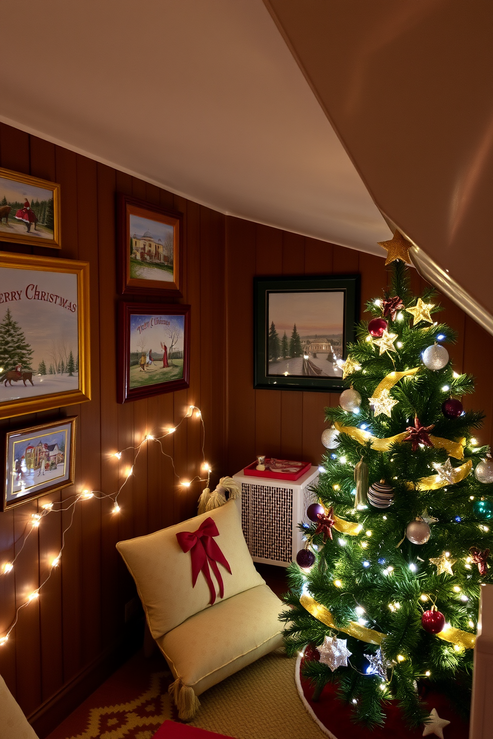 A cozy attic space adorned with framed holiday artwork on the walls, featuring festive scenes and cheerful colors. The room is filled with twinkling fairy lights and a beautifully decorated Christmas tree in the corner, creating a warm and inviting atmosphere.