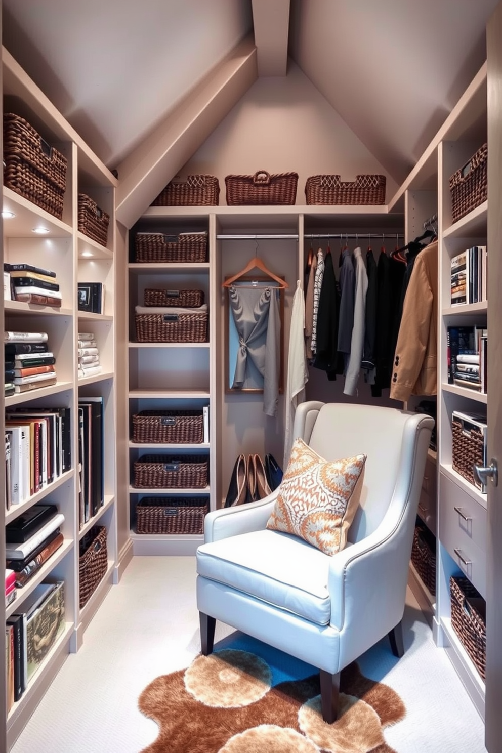 Cozy reading nook in closet space. A plush armchair is nestled in the corner, surrounded by built-in shelves filled with books and soft lighting. Attic closet design ideas. The space features sloped ceilings with stylish storage solutions, including baskets and hanging rods, creating a functional yet inviting atmosphere.