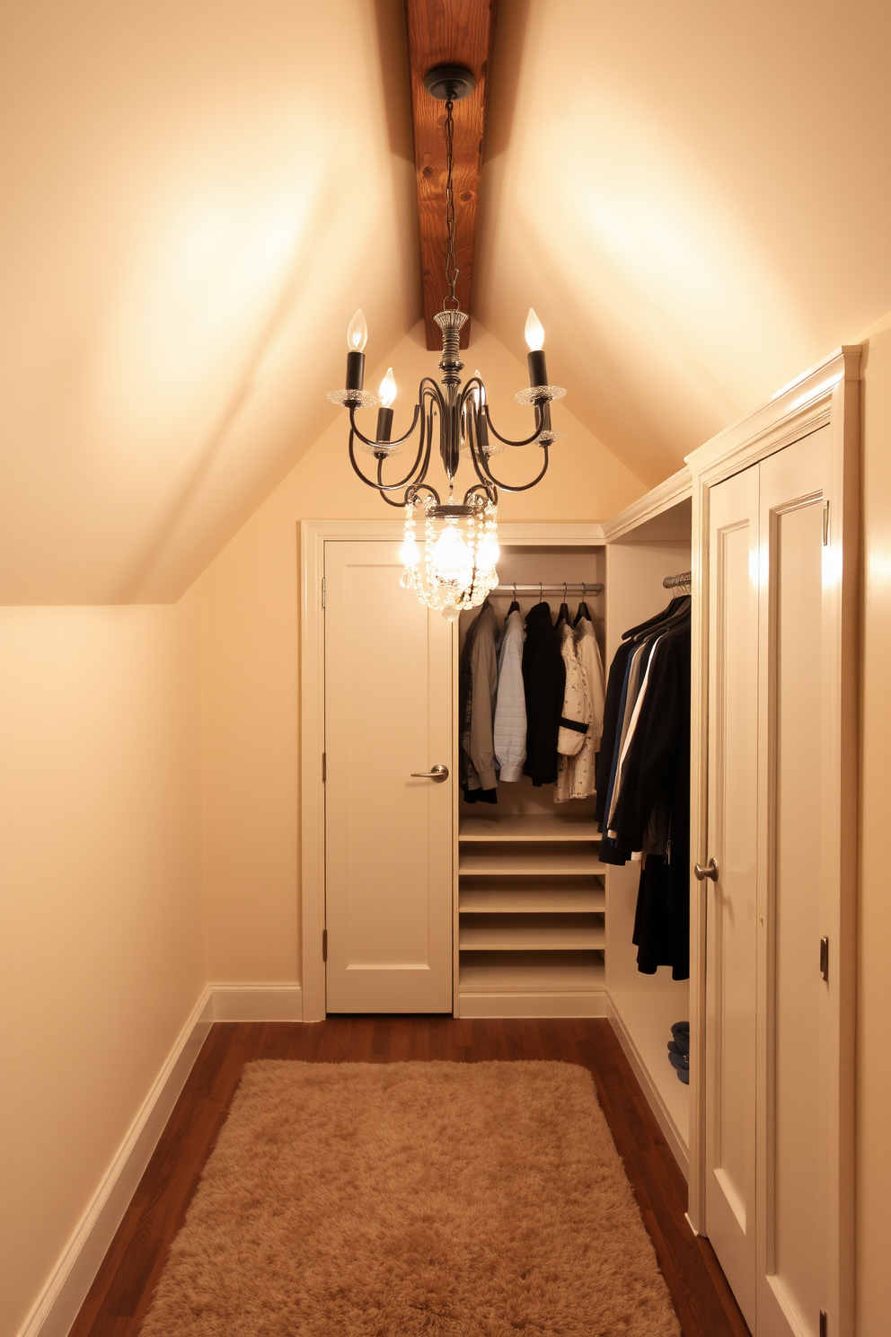 A cozy attic closet with soft lighting that creates a warm ambiance. The walls are painted in a soft beige, and the ceiling features exposed wooden beams for added character. The closet includes built-in shelving and hanging space, maximizing storage while maintaining a spacious feel. A plush area rug in neutral tones adds comfort underfoot, while a vintage chandelier provides a touch of elegance.