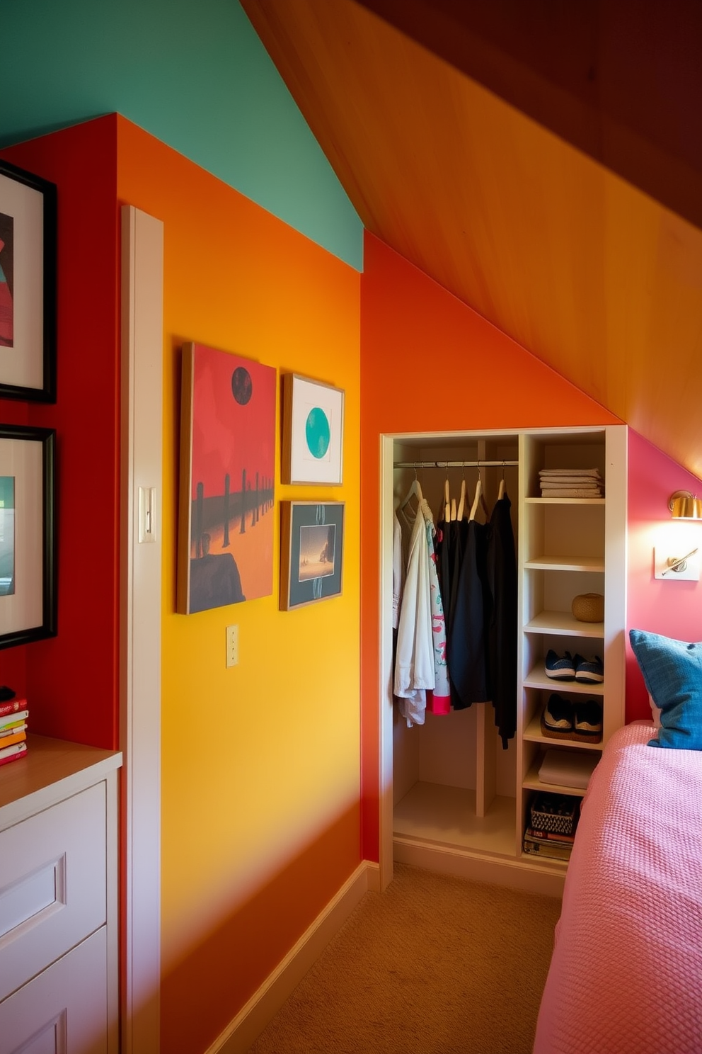 A colorful accent wall features vibrant hues that bring personality and energy to the space. The wall is adorned with abstract art pieces that complement the lively colors and create a focal point in the room. The attic closet design includes built-in shelving and hanging space that maximizes storage while maintaining a cozy atmosphere. Soft lighting illuminates the area, highlighting the unique angles of the attic and adding charm to the functional space.