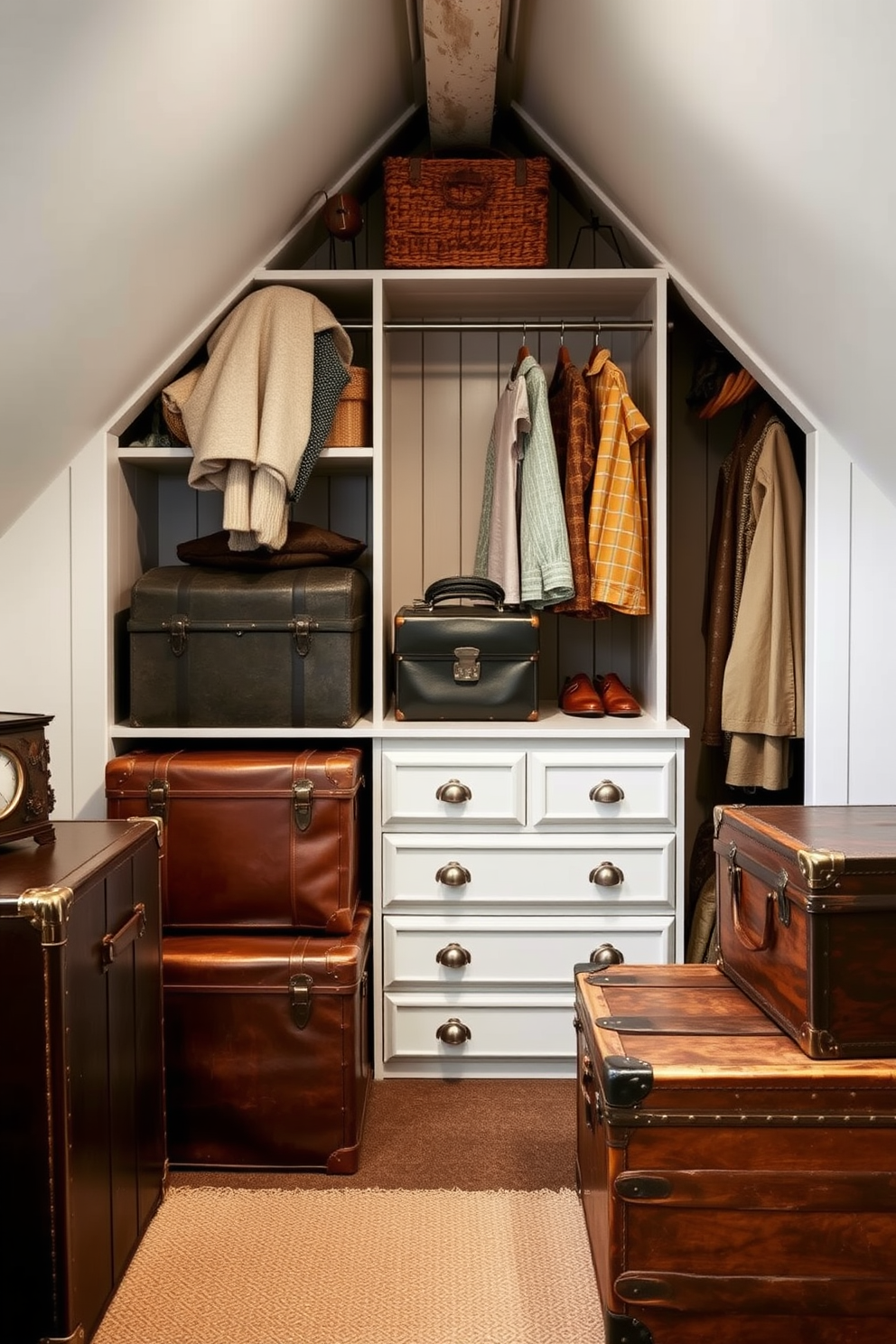 Vintage trunks for stylish storage. The trunks are arranged aesthetically in a cozy corner, showcasing a mix of leather and wooden finishes. Attic closet design ideas. The space features sloped ceilings with built-in shelving and hanging rods, maximizing storage while maintaining a charming, rustic feel.