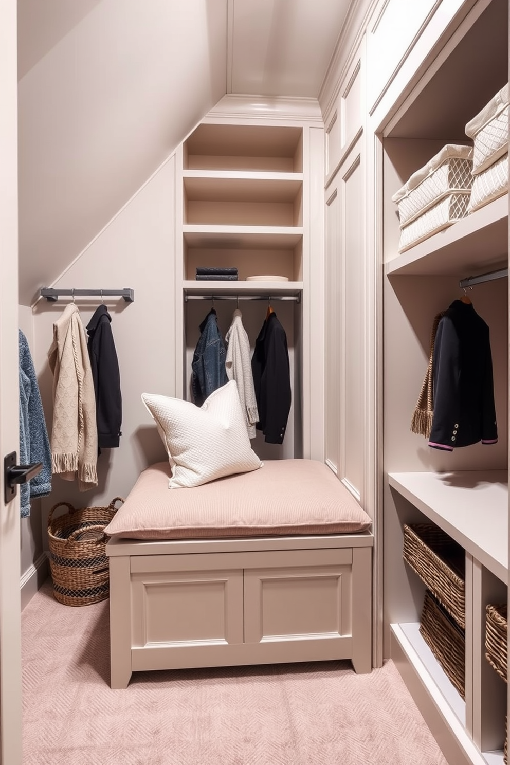 A cozy attic closet featuring a cushioned bench that invites relaxation. The walls are lined with soft, neutral tones and built-in shelving to maximize storage while maintaining an airy feel.