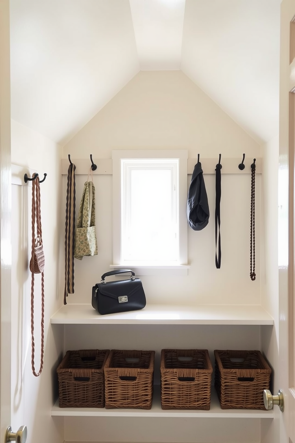 A cozy attic closet design featuring wall-mounted hooks for accessories. The space is illuminated by soft, natural light filtering through a small window, creating a warm and inviting atmosphere. The walls are painted in a light, neutral tone to enhance the sense of space. Stylish baskets are placed on the shelves below the hooks, providing both organization and a touch of charm.