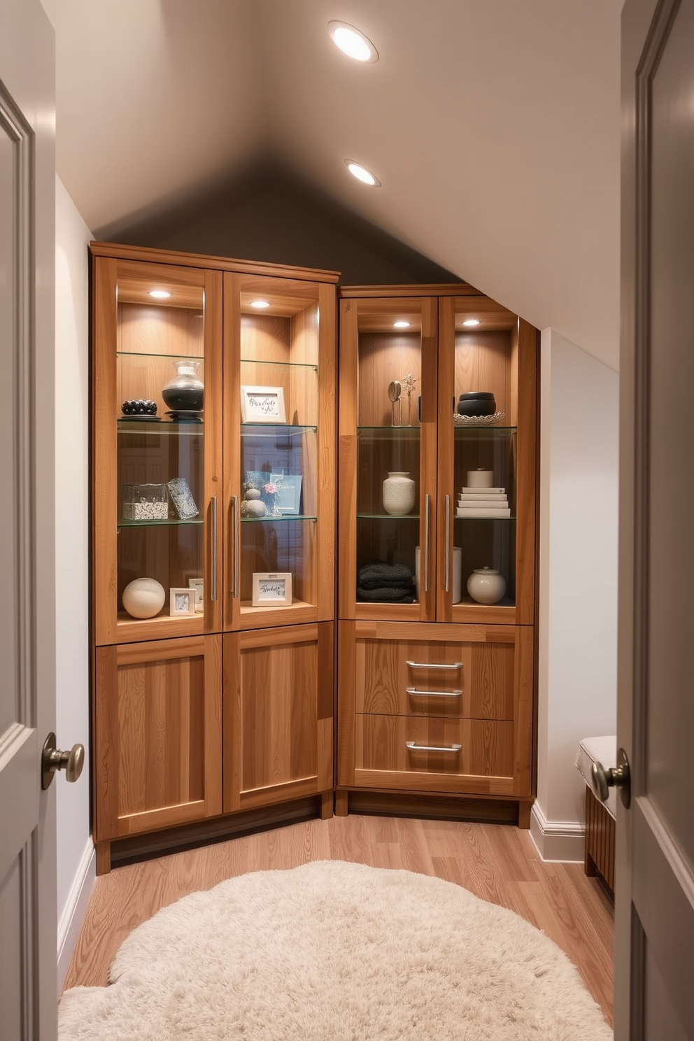 A cozy attic closet featuring glass-front cabinets that showcase curated display items. The cabinets are made of reclaimed wood and have sleek metal handles, creating a blend of rustic charm and modern elegance. The closet is well-lit with recessed lighting that highlights the displayed items. Soft, neutral colors on the walls and a plush area rug add warmth to the space, making it inviting and functional.