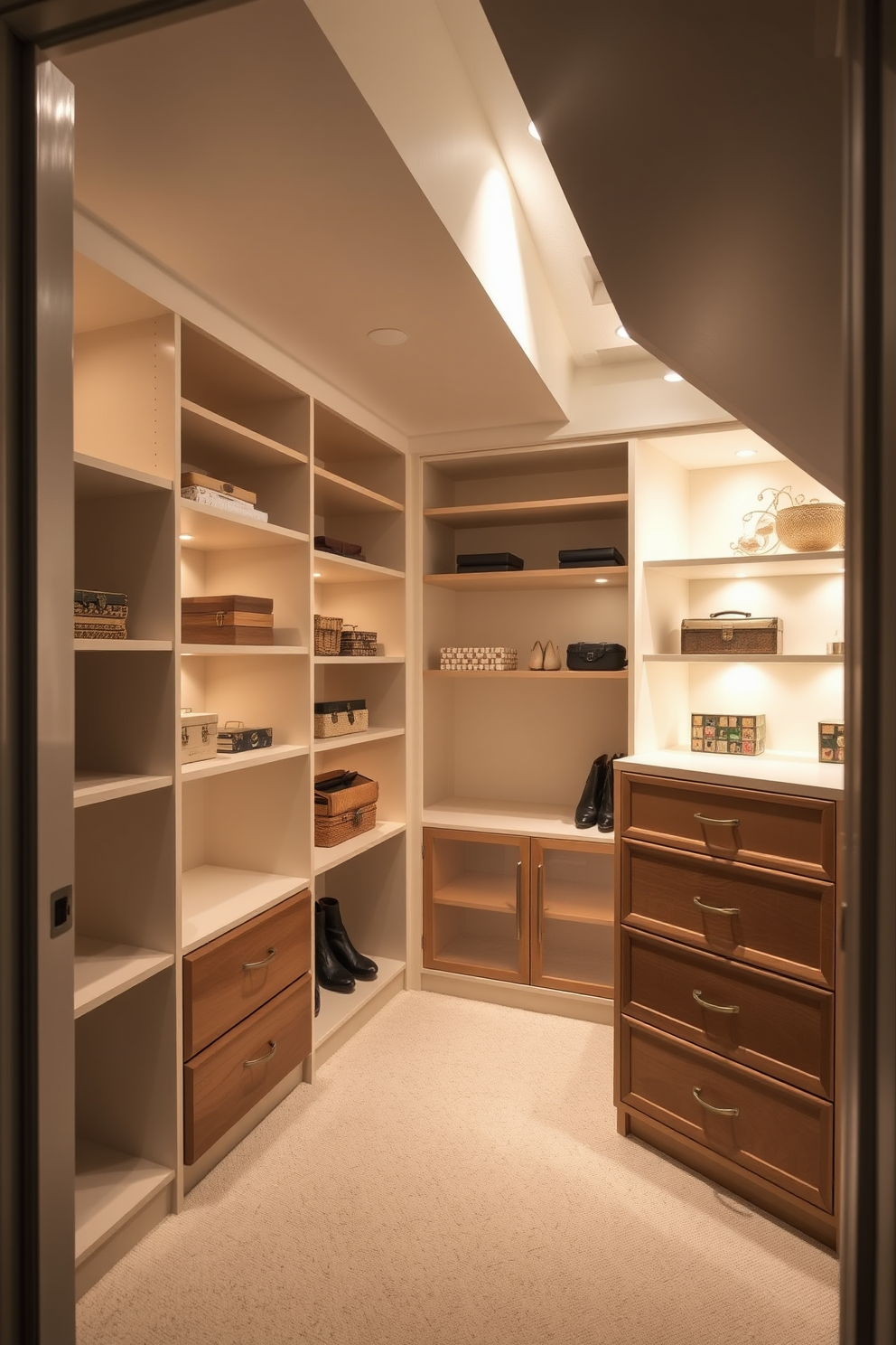 A cozy attic closet design featuring hidden compartments for valuable items. The space is illuminated by soft, warm lighting, with built-in shelves maximizing storage while maintaining a clean aesthetic. The walls are painted in a light, airy color to enhance the feeling of openness. Elegant wooden drawers blend seamlessly into the design, providing discreet storage for precious belongings.