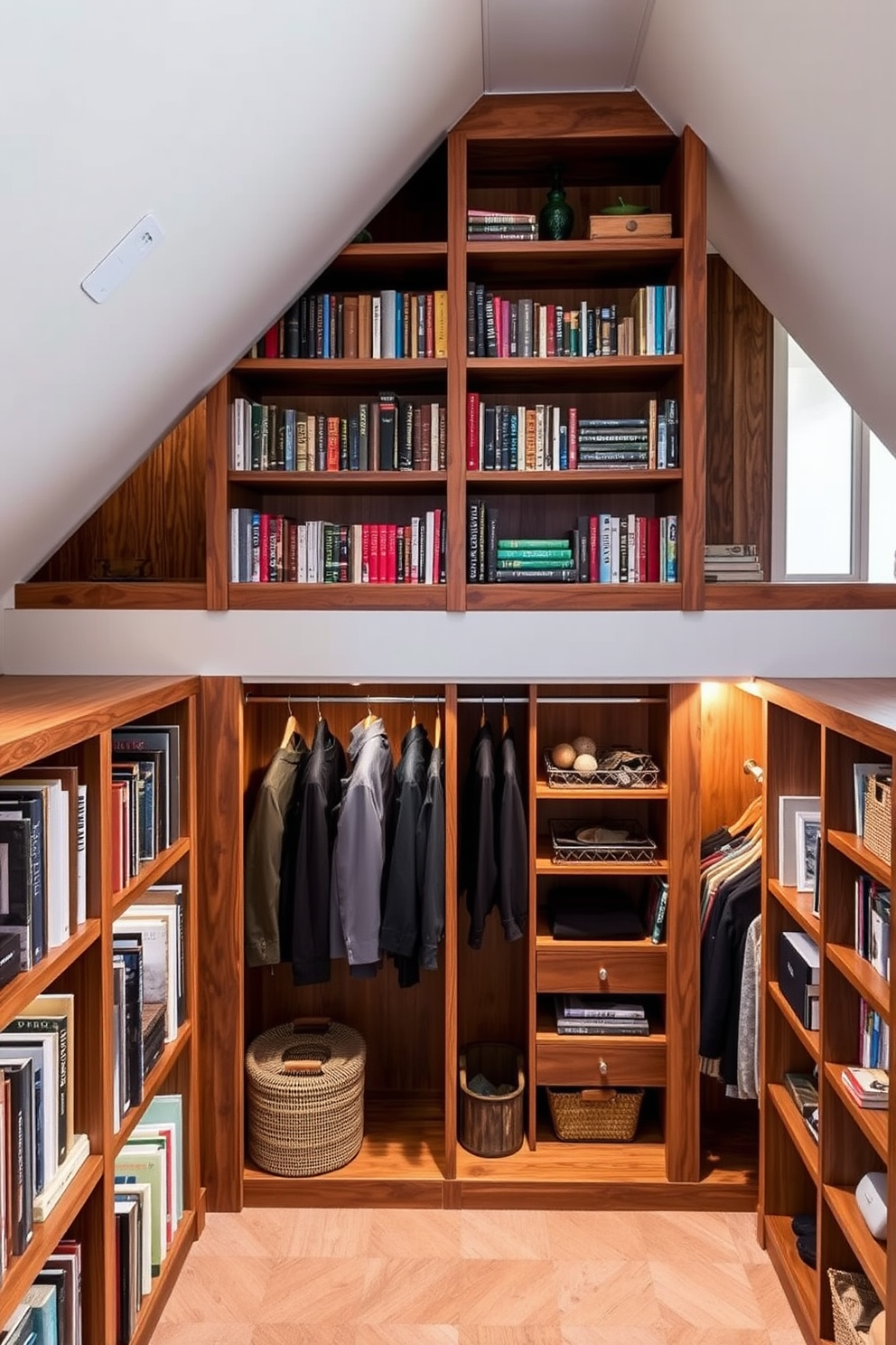 A cozy attic space features floor-to-ceiling bookshelves that elegantly display a collection of books and decorative items. The shelves are crafted from reclaimed wood, adding warmth and character to the room while providing ample storage for organization. The attic closet design incorporates custom shelving and hanging spaces tailored to maximize storage efficiency. Soft, ambient lighting illuminates the area, creating a welcoming atmosphere for easy access to clothing and accessories.