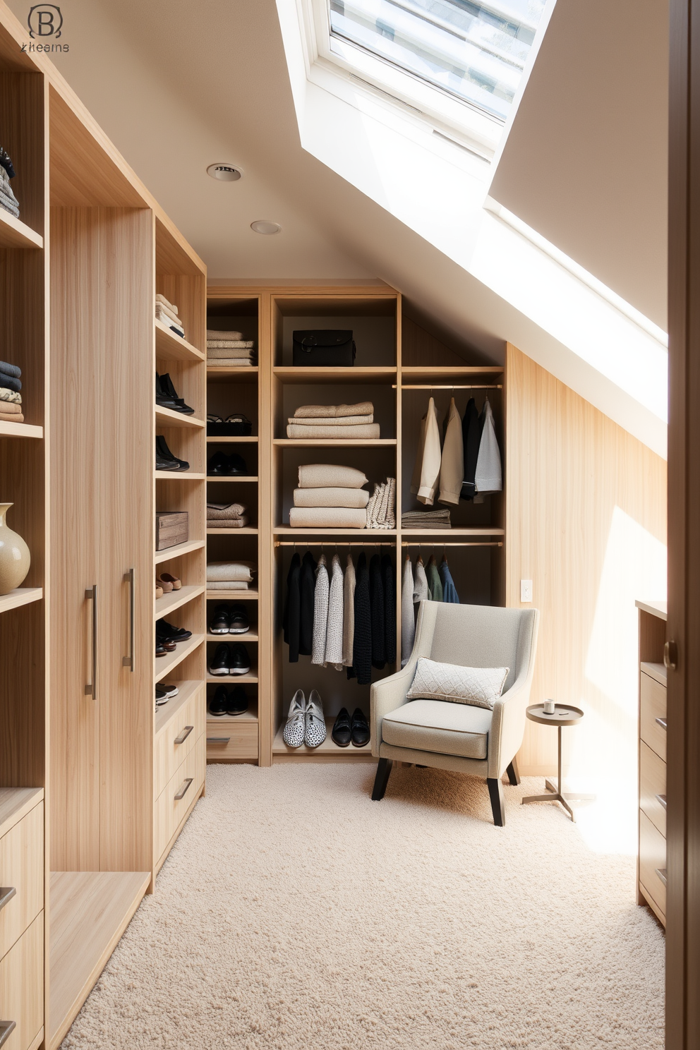 A serene attic closet design featuring soft neutral tones to create a calming atmosphere. The space includes custom-built shelving and hanging rods, all in a light wood finish, complemented by plush beige carpeting. Natural light filters in through a skylight, illuminating the organized shelves filled with neatly folded sweaters and shoes. A cozy reading nook with a small armchair and a side table is tucked into one corner, enhancing the tranquil vibe.