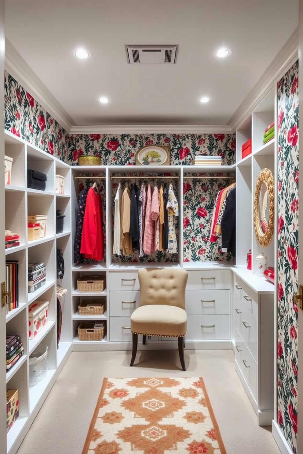 A stylish attic closet featuring creative wallpaper that adds flair to the space. The walls are adorned with a bold floral pattern, while custom shelving and hanging areas maximize storage and organization. The closet is illuminated by soft recessed lighting that highlights the unique wallpaper design. A cozy reading nook with a small chair and a decorative rug completes the inviting atmosphere.