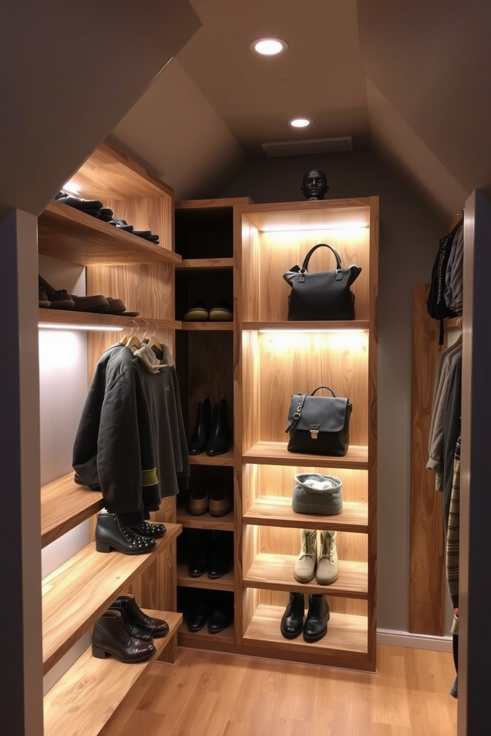 A cozy attic closet featuring built-in shelves designed for maximum storage efficiency. The shelves are crafted from reclaimed wood, providing a rustic charm while neatly organizing shoes, bags, and seasonal clothing. Soft LED lighting illuminates the space, highlighting the textures of the wooden shelves and creating a warm ambiance. The walls are painted in a soft gray hue, complementing the natural wood and enhancing the overall aesthetic of the attic closet.