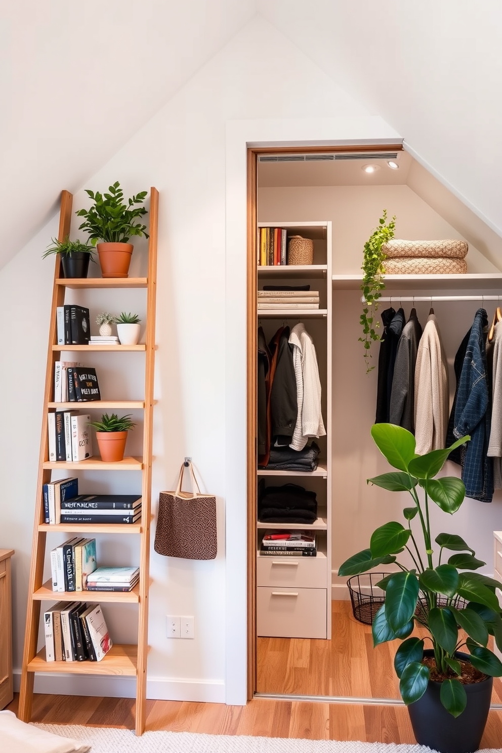 A stylish ladder shelf made of natural wood leans against the wall, adorned with a mix of potted plants and decorative books. The shelf creates an inviting focal point in the room, enhancing the trendy aesthetic with its open design. The attic closet features a customized layout with built-in shelving and hanging space that maximizes storage. Soft lighting illuminates the area, highlighting the sleek finishes and creating a cozy atmosphere.