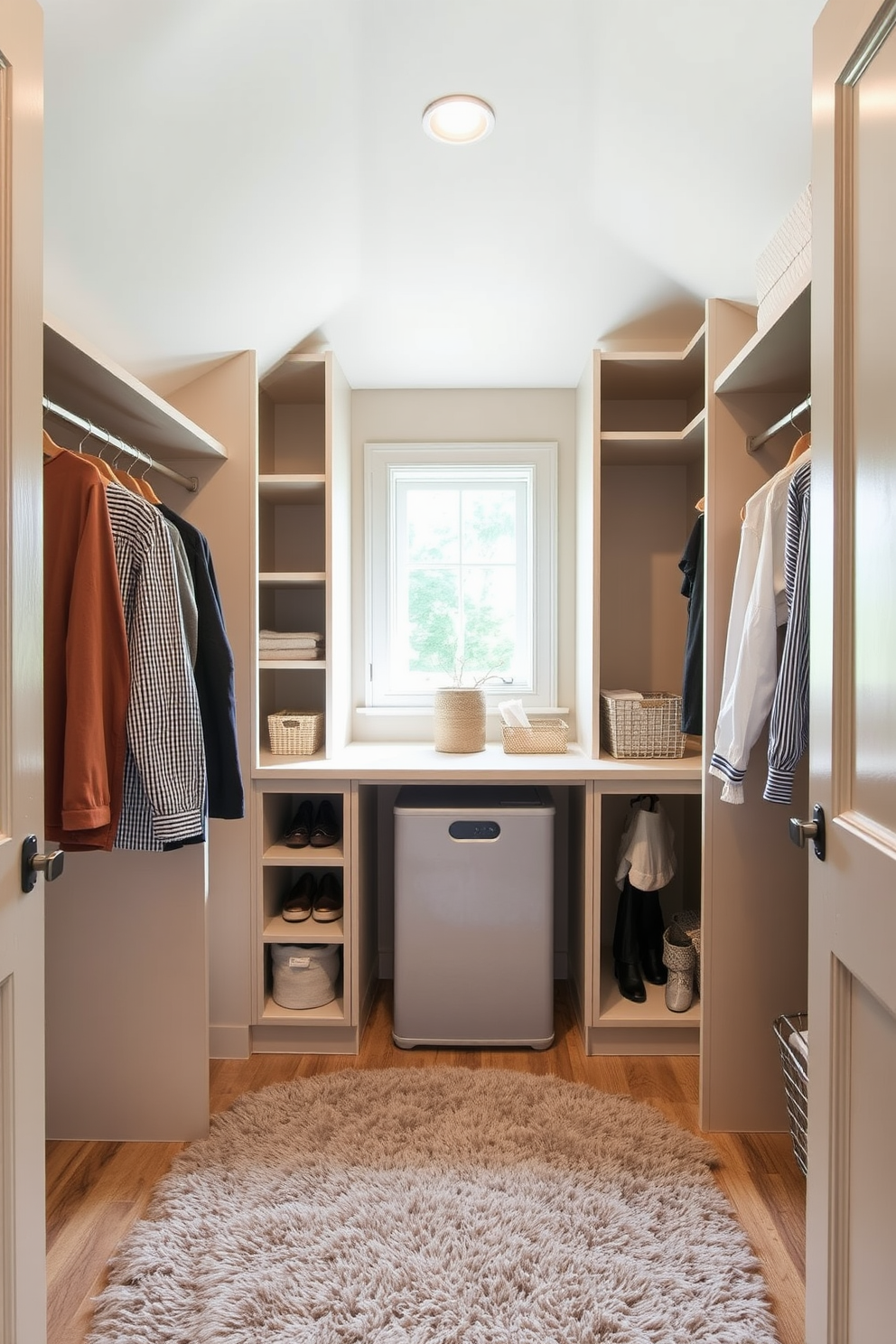 A stylish attic closet featuring an integrated laundry hamper for convenience. The design includes built-in shelving and hanging space, maximizing storage while maintaining a clean aesthetic. Natural light filters through a small window, illuminating the space with a warm glow. Soft neutral colors on the walls and a plush area rug add comfort and sophistication to the attic closet.