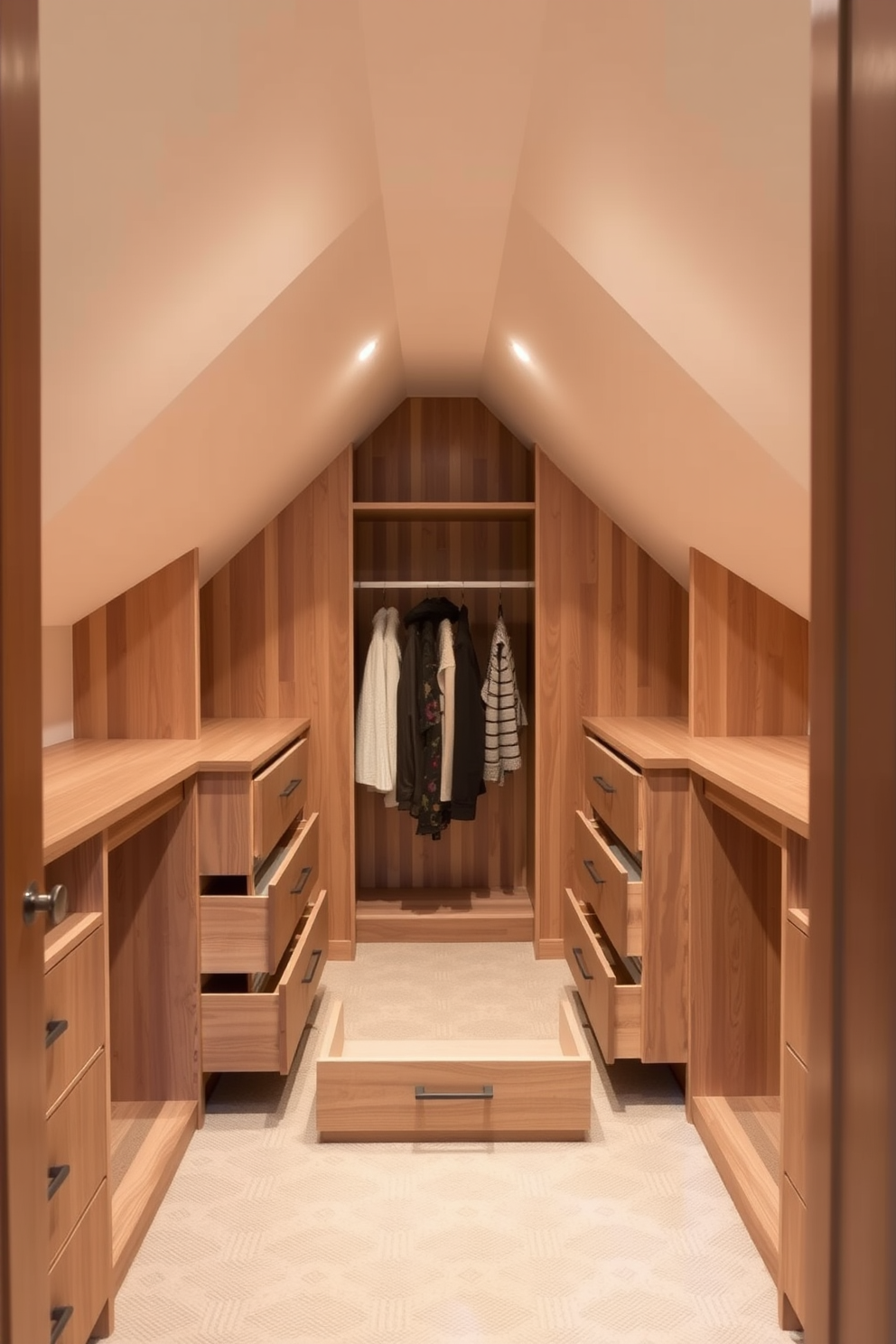 A cozy attic closet designed with pull-out drawers for easy access. The space features sloped ceilings and is illuminated by soft recessed lighting, creating a warm and inviting atmosphere.