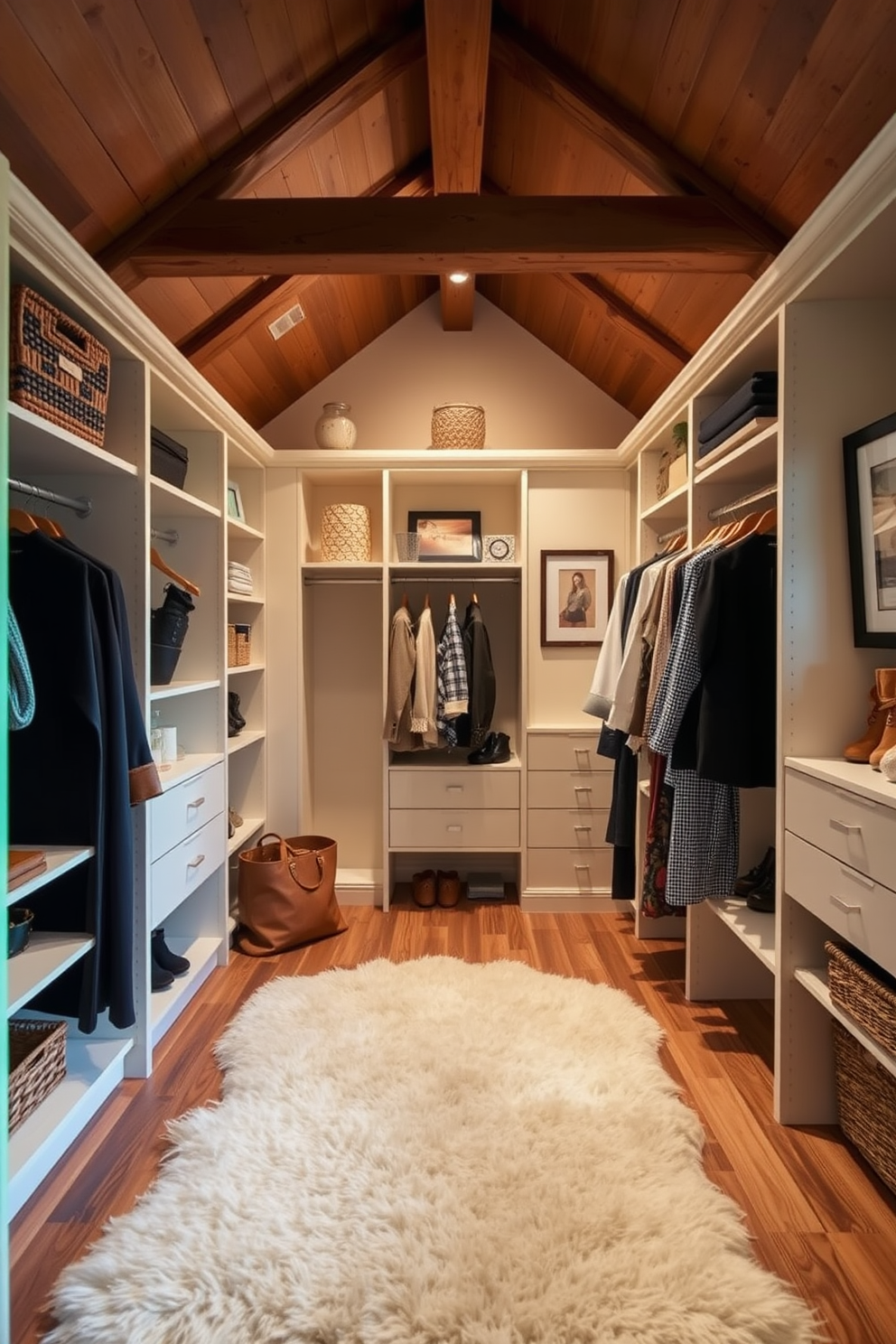 A cozy attic space transformed into a functional closet. The walls are lined with custom shelving and hanging rods, featuring a soft color palette that complements the wooden beams. Personalized artwork adorns the walls, adding character and warmth to the design. A plush area rug anchors the space, creating a comfortable area to select outfits.