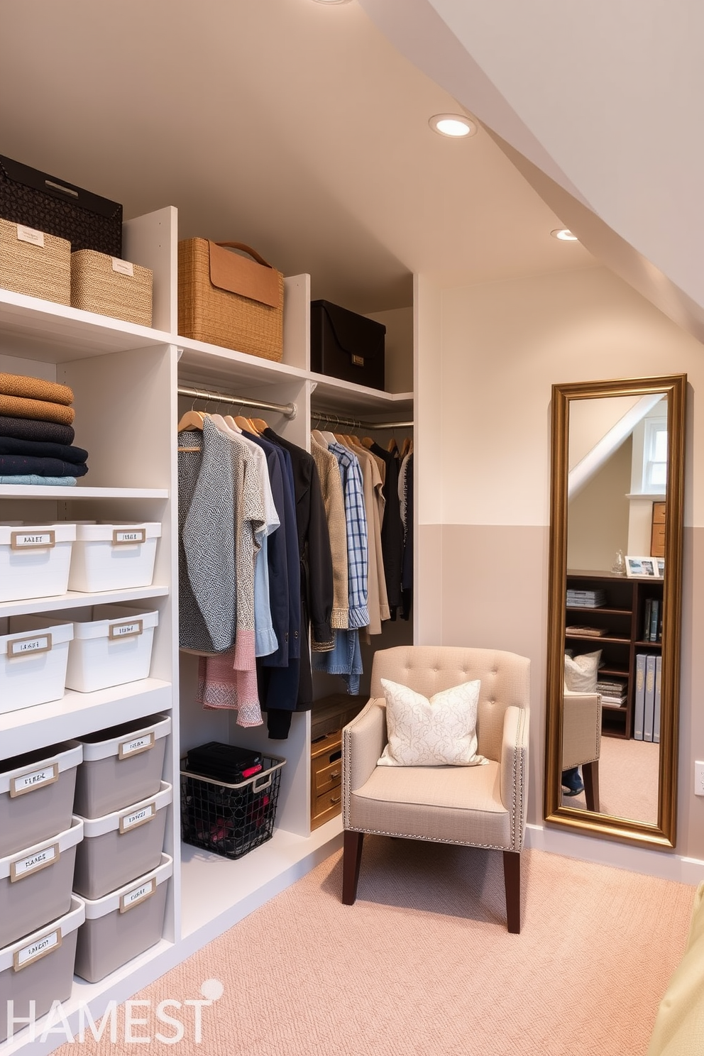 A functional attic closet design features custom shelving and hanging rods to optimize space for seasonal clothing rotation. Soft lighting illuminates the area, while a cozy reading nook with a small chair and bookshelf adds charm to the design. Incorporate labeled bins for easy access to seasonal items, ensuring that winter coats and summer attire are neatly stored and organized. A full-length mirror on the wall enhances the functionality and adds a touch of elegance to the attic closet space.